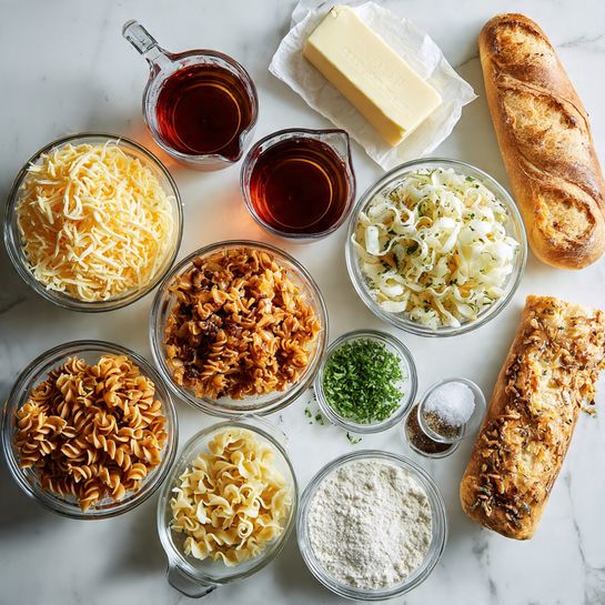 The image shows a top-down view of several clear glass bowls and measuring cups neatly arranged on a white marbled surface, each holding different cooking ingredients. There are five bowls filled with shredded pale yellow cheese, sliced white onions, cooked curly pasta, small brown crispy bits, and a small bowl of green herbs. Two glass measuring cups contain a dark reddish-brown liquid and milk. Additionally, a stick of pale yellow butter partially wrapped in paper, a small pile of white flour in a clear bowl, a cracked baguette piece with a golden crust, and small bowls of white salt and black pepper are also visible. The arrangement highlights the colors and textures clearly in natural light. photo taken with an iphone --ar 4:5 --v 7
