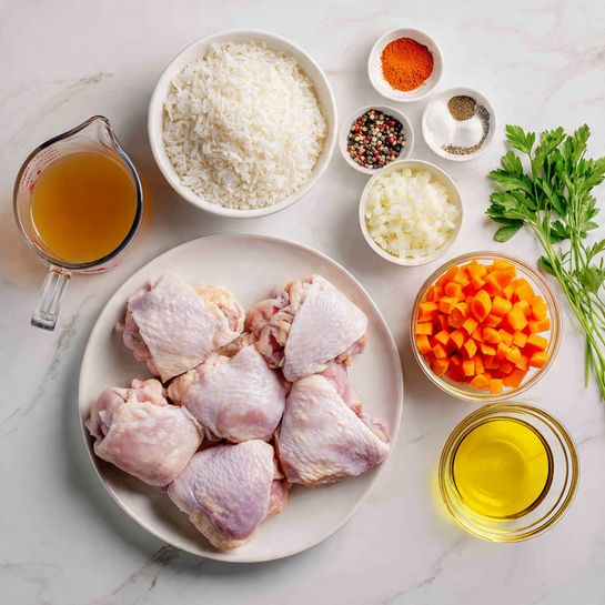 The image shows several cooking ingredients arranged neatly on a white marbled surface. In the center bottom, there is a white plate with five pieces of raw pink chicken thighs. To the left, there is a white bowl filled with uncooked white rice and above it a glass bowl with chopped white onion. A clear measuring cup filled with light brown liquid broth is on the far left. Above the chicken, there is a small white dish with various spices including red, black, and white powders. Next to it on the left is a small light brown bowl containing minced garlic. On the top right, a clear bowl holds chopped bright orange carrots, and a small glass bowl with yellow olive oil is nearby. A few fresh green parsley sprigs are placed at the top right corner. Photo taken with an iphone --ar 4:5 --v 7