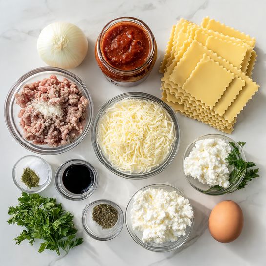 The image shows ingredients for a lasagna dish arranged on a white marbled surface. There is a pile of pale yellow lasagna sheets with a wavy edge on the right side. Next to them are two clear glass bowls, one filled with shredded white and pale yellow cheese, and the other with cottage cheese. A measuring cup with white ricotta cheese sits near the bottom. Above the cheeses are a halved white onion and a large jar of red Classico organic tomato sauce with herbs and spices. On the top left, a clear glass bowl contains raw ground meat, pinkish in color. Below it are small bowls holding dark balsamic vinegar, green dried herbs, black pepper, salt, and sea salt. There is also a bunch of fresh green parsley and a single brown egg near the bottom center. The whole setup is lit softly, creating a bright and fresh look. Photo taken with an iphone --ar 4:5 --v 7
