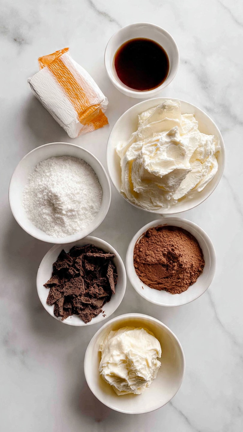 The image shows seven white bowls and one wrapped stick of butter placed on a white marbled surface. From top left, the wrapped butter is orange and white, next to a small white bowl with dark brown liquid and another small white bowl filled with white powdered sugar. Below those, a medium white bowl holds a fluffy white cream cheese or ricotta-like substance. To the right is a small white bowl with soft, pale cream cheese. Below them, there's a medium white bowl filled with light brown cocoa powder, a large bowl with white cream or milk, and at the bottom, a medium bowl with dark brown crushed cookies or crumbs. All bowls are arranged loosely spaced in a casual pattern. Photo taken with an iphone --ar 4:5 --v 7