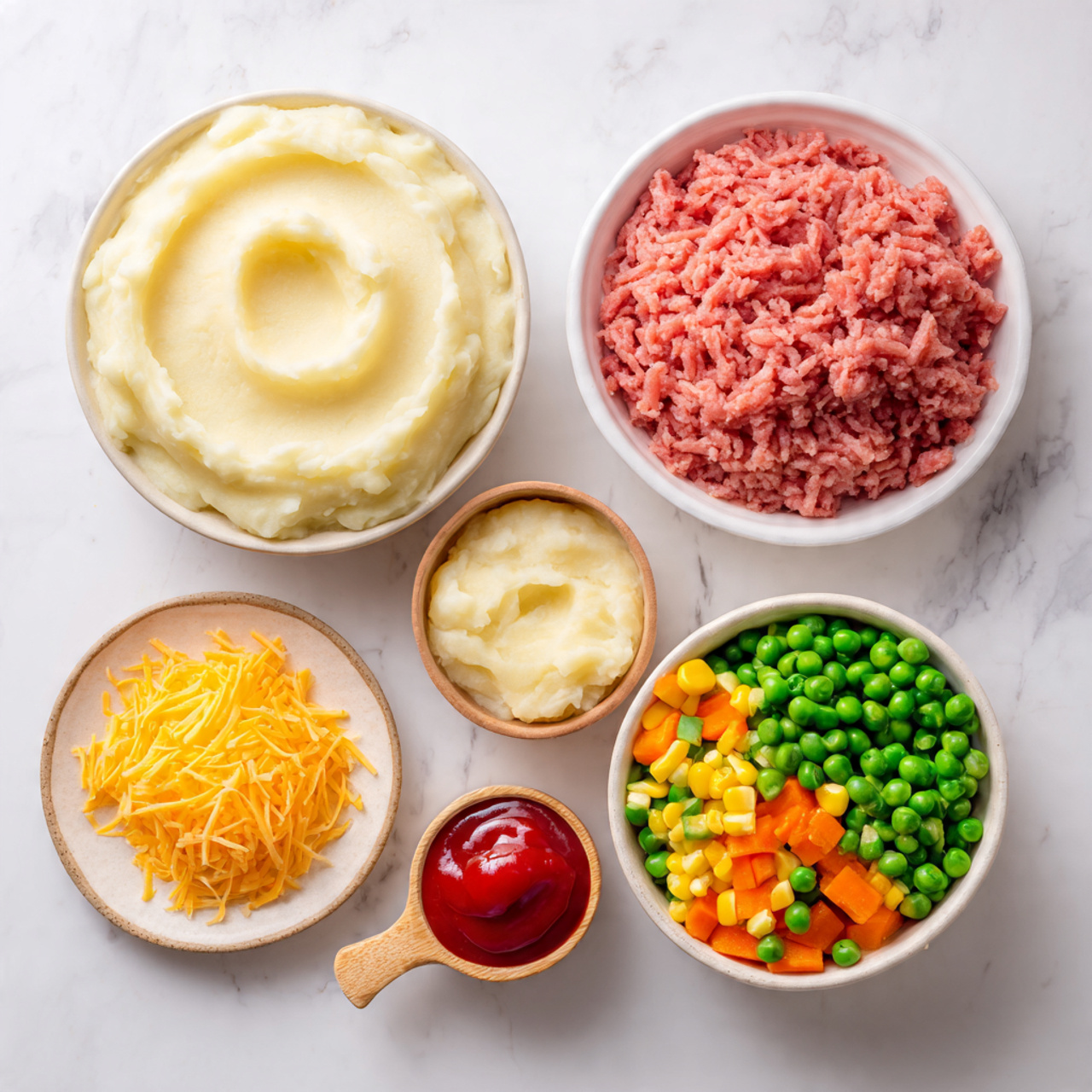 The image shows five separate white dishes placed on a white marbled surface, each containing different food ingredients. The top left has a bowl filled with creamy mashed potatoes, smooth and pale in color with a small hollow in the middle. To the right is a bowl of raw ground meat, pinkish and chunky. Below the mashed potatoes, there is a small plate holding thin, orange shredded cheese. In the center bottom, a bowl contains mixed cooked vegetables including green beans, peas, diced carrots, and corn, all bright and colorful. On the bottom right, a small wooden measuring cup holds bright red ketchup with a smooth texture. Photo taken with an iphone --ar 4:5 --v 7