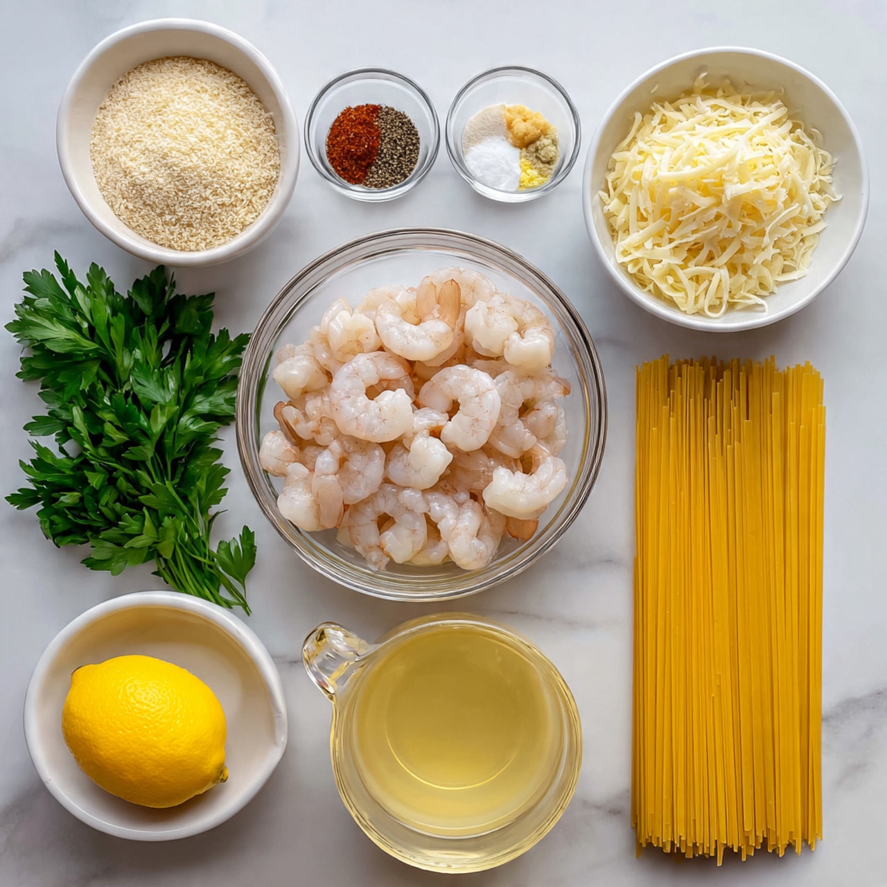 The image shows ingredients arranged on a white marbled surface: a clear glass bowl in the middle filled with raw peeled shrimp, a white bowl at the top with pale breadcrumbs, another white bowl with minced garlic to the left, a small glass bowl with three sections of spices in black, reddish-brown, and white above the shrimp, a bunch of fresh green parsley to the left, a whole bright yellow lemon near the parsley, a glass measuring cup with pale yellow broth below the shrimp, a small white bowl of shredded cheese to the right, a wrapped block of silver butter below the cheese, and a neat bundle of uncooked yellow spaghetti noodles at the upper right. photo taken with an iphone --ar 4:5 --v 7