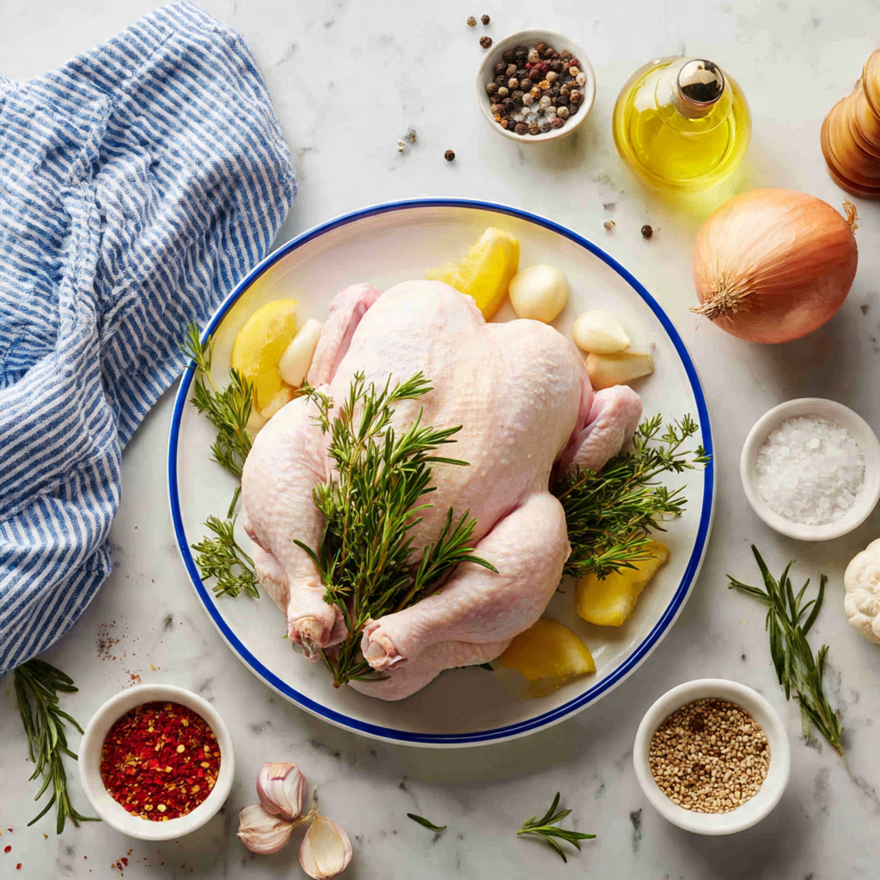 The image shows a white round plate with a blue rim in the center on a white marbled surface. On the plate, there is raw whole chicken with pale pink skin, topped with fresh green rosemary sprigs. Around the chicken, there are garlic cloves and a few small slices of lemon. Surrounding the plate, on the white marbled surface, there are small white bowls filled with colorful spices including red paprika, light brown cumin seeds, black peppercorns, salt, and yellow oil. There are also three whole onions and a pepper grinder near the top right. A blue and white striped cloth is placed beside the plate on the left side. Photo taken with an iphone --ar 4:5 --v 7