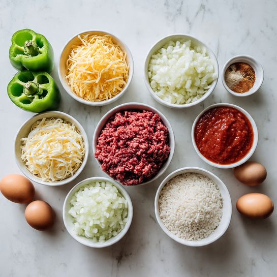 The image shows eight white bowls with different ingredients arranged on a white marbled surface. One bowl contains raw ground beef with a deep red color and coarse texture, placed near the center. Next to it, there is a bowl with shredded pale yellow cheese that looks soft and stringy. Another bowl holds finely chopped white onions with a slightly translucent appearance. There is a bowl filled with small cooked white rice grains, smooth and compact. A bowl with red tomato sauce has a thick and smooth texture. Another small bowl holds light brown ground spices that look powdery. A bowl contains brown raw eggs with smooth shells, placed near the edge. Several halved green bell peppers with a shiny surface and hollow centers are positioned nearby. Photo taken with an iphone --ar 4:5 --v 7