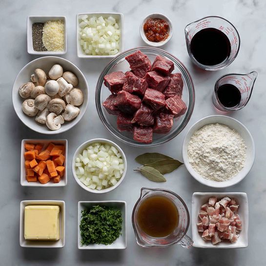 The image shows an arrangement of cooking ingredients on a white marbled surface. At the center is a clear glass bowl filled with large chunks of raw red beef. Surrounding it, starting from the left, there is a white bowl filled with white pearl onions, a clear bowl with diced white onions, a white bowl containing small pieces of raw bacon, a white bowl with sliced brown mushrooms, and a clear bowl with thick carrot pieces. Next to these are smaller containers with flour, a square piece of yellow butter on a small dish, a few garlic cloves, two bay leaves, a small bowl of red tomato paste, salt, black pepper, chopped parsley, and fresh green herbs. There are two glass measuring cups, one filled with dark red wine and the other with a brown broth or stock. Everything is placed neatly and evenly spaced in a grid-like pattern. photo taken with an iphone --ar 4:5 --v 7