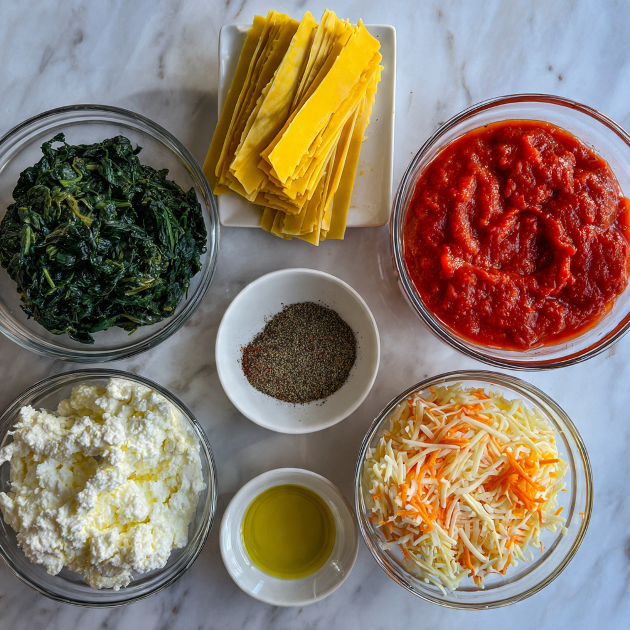 Cheat’s Spinach and Ricotta Agnolotti Lasagne Recipe 4 The image shows six glass bowls and one flat item placed on a white marbled surface. The flat item is a pile of spinach and ricotta agnolotti resting diagonally in the center. The top right holds a bowl filled with thick, bright red tomato sauce. Below it, there is a small bowl with black pepper. Next to the small bowl is a small bowl with yellow oil. The bottom center has a bowl of mixed shredded cheese in white and orange colors. On the left side, there is a bowl of white ricotta cheese and above it, a bowl with dark green cooked spinach leaves. All items are well spaced, and the light is soft, showing the fresh textures of the ingredients. photo taken with an iphone --ar 4:5 --v 7