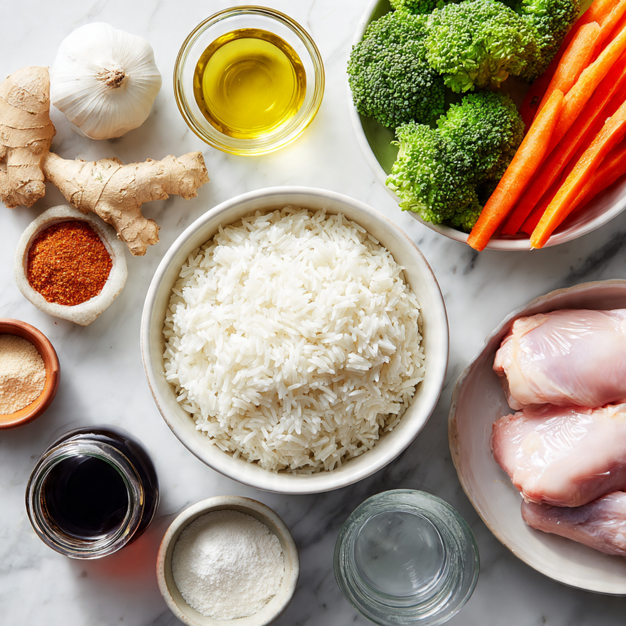 The image shows a white bowl filled with plain white rice placed on a white marbled surface. Above it, a white bowl holds bright green broccoli and long, thin orange carrot sticks arranged side by side. To the left, there is fresh ginger root, a whole bulb of garlic, and a small white bowl with a light brown powder. Near the rice bowl, a small glass jar contains clear cooking oil, and next to it is a small white bowl with white powder. At the bottom right, a white bowl holds two pink raw chicken pieces. Nearby, a glass jug filled with dark soy sauce and a small glass with water sit on the surface. Photo taken with an iphone --ar 4:5 --v 7