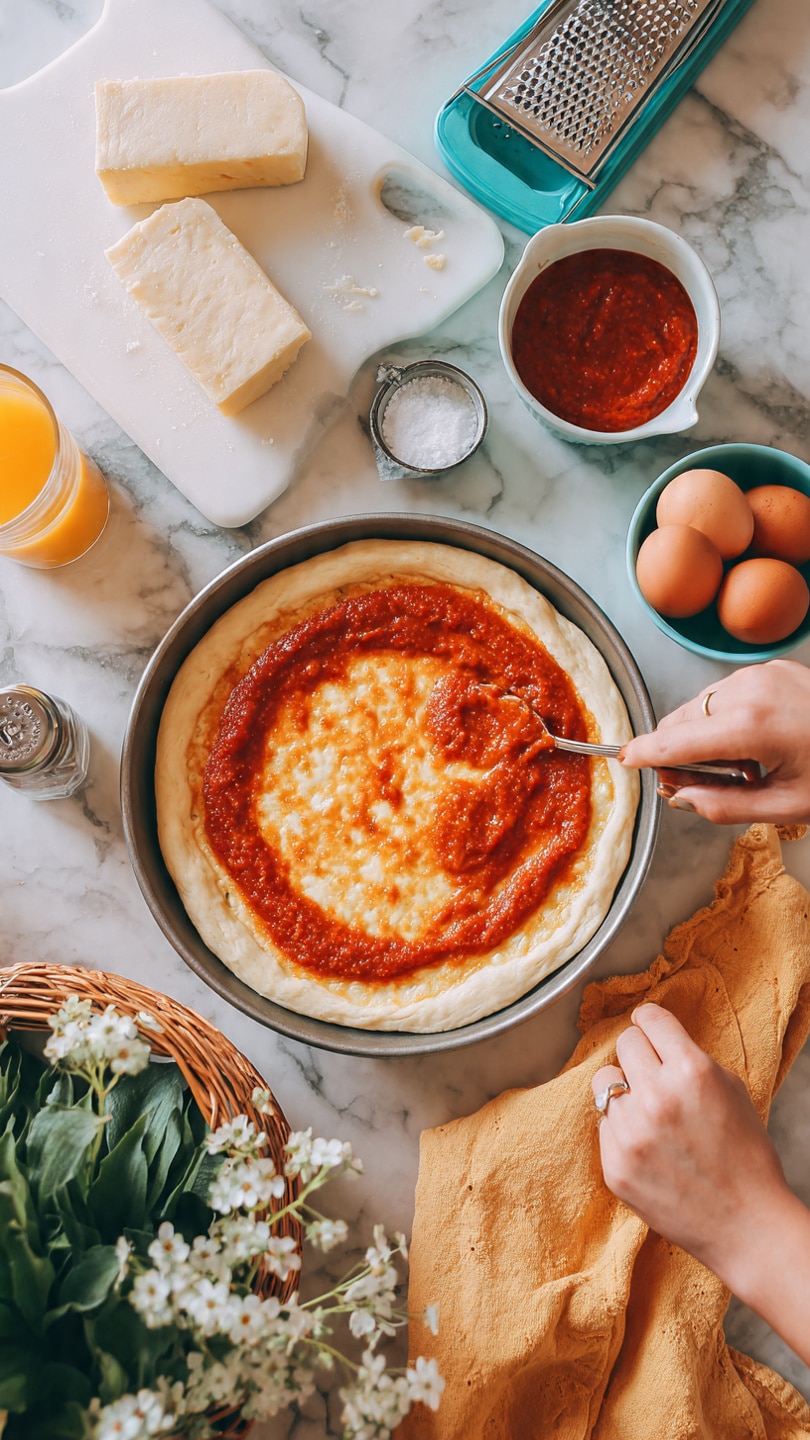 The image shows a small round pizza dough placed in the center of a round metal pan. The dough is light beige with a slightly puffy edge. A spoon covered in red tomato sauce is spreading the sauce evenly on the dough, making a thick, bright red layer in the middle while leaving the edges clean. Surrounding the pan on a white marbled surface are a white cutting board holding two pieces of white cheese with a turquoise-handled grater resting on it, a salt shaker, a small turquoise bowl filled with tomato sauce, a small white bowl with green leafy vegetables, a wicker basket filled with light brown eggs on a yellow cloth, a cup of orange juice, and a bunch of small white flowers on the left side. A woman's two hands are visible near the bottom, one holding the spoon spreading the sauce and the other resting on the table. photo taken with an iphone --ar 4:5 --v 7