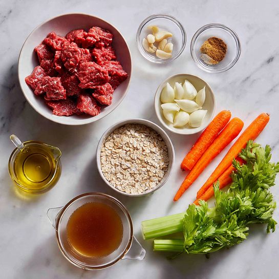 The image shows raw cooking ingredients laid out neatly on a white marbled surface. At the top left is a white bowl filled with bright red raw meat chunks. To its right are three small clear glass bowls holding light brown spices and whole garlic cloves. Below the meat, there is a white bowl with peeled white onion slices. Next to the onion is a white bowl filled with pale creamy oats or grains. Below these bowls, olive oil is in a small clear glass container with a sprig of garlic inside, and beside it is a clear bowl of brown broth or stock. Finally, fresh vegetables including bright orange carrots, green celery stalks, and leafy parsley are placed in the bottom right corner. The overall scene is clean, simple, and colorful with a fresh raw food feel. photo taken with an iphone --ar 4:5 --v 7