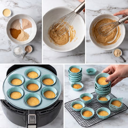 A set of six images showing the process of making small round baked treats, all placed on a white marbled surface. The first image shows dry ingredients of light orange, white, and dark brown powders in a white bowl above a white bowl with a whisk. The second image zooms on a white bowl filled with light brown batter being mixed with a metal whisk. The third image shows a woman's hand scooping the batter with a metal scoop into light blue silicone cups arranged in two overlapping molds. The fourth image shows the light blue silicone cups stacked on glass jar lids on a white marbled surface. The fifth image shows the molded cups with golden brown baked treats inside placed in a black air fryer. The last image shows the small golden baked rounds cooling on a black wire rack with a few nearer and a few farther, neatly spaced out. photo taken with an iphone --ar 4:5 --v 7