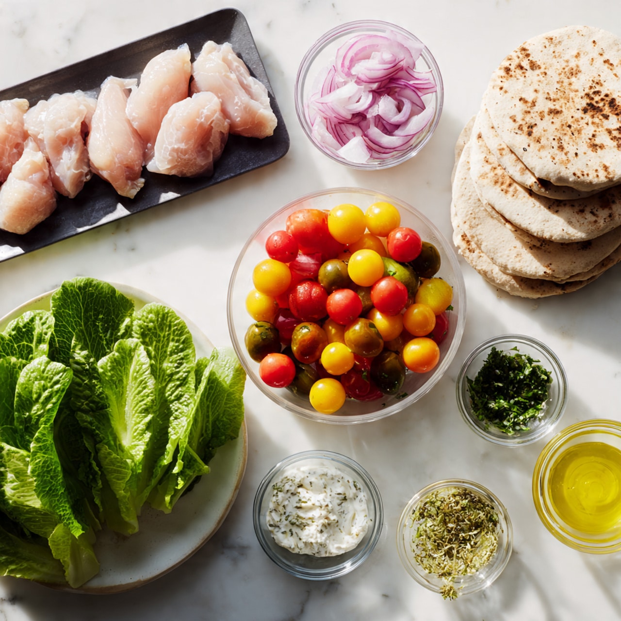 The image shows fresh ingredients arranged neatly on a white marbled surface. There is a rectangular black plate holding four pale pink raw pieces of chicken on the top left. Below it, a white round plate holds bright green leaves of romaine lettuce. In the center, a clear glass bowl contains a colorful mix of halved red, yellow, and orange cherry tomatoes. To the right, there are stacks of light brown pita breads with a soft texture. Surrounding these main items, there are small clear glass bowls holding different ingredients: white creamy sauce with herbs, chopped green herbs, grated yellow lemon peel, minced garlic, thinly sliced purple onions, olive oil, clear liquid (likely lemon juice), coarse salt, and ground black pepper. The layout is clean and bright, with natural light highlighting the freshness of the ingredients. photo taken with an iphone --ar 4:5 --v 7