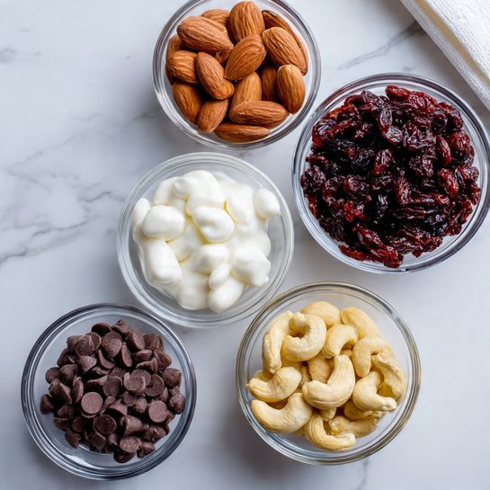 The image shows five clear glass bowls placed on a white marbled surface. The top left bowl is filled with whole almonds that are light brown and have a rough texture. To the right, there is a bowl full of dark red dried cranberries with a wrinkled look. Below the almonds, a small bowl holds smooth white yogurt-covered raisins or nuts, standing out with their shiny surface. Below the cranberries is a bowl filled with cashew nuts, pale yellow and curved in shape. The bottom left bowl contains dark brown chocolate chips with a smooth, matte finish. A small part of a white cloth is visible near the top right corner. photo taken with an iphone --ar 4:5 --v 7