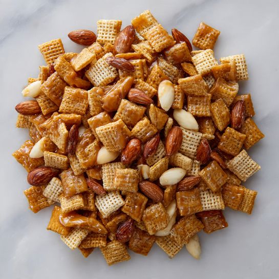 The image shows a close-up of a snack mix made of small square and rectangular cereal pieces in light brown and beige colors, layered with visible chunks of sliced almonds and small bits of a shiny caramel coating evenly covering the mixture. The textures vary from crunchy cereal pieces to smooth caramel and the almonds add a matte, nutty detail. The entire mix is heaped together, showing many layers tightly packed and overlapping. The photo was taken on a white marbled surface. photo taken with an iphone --ar 4:5 --v 7