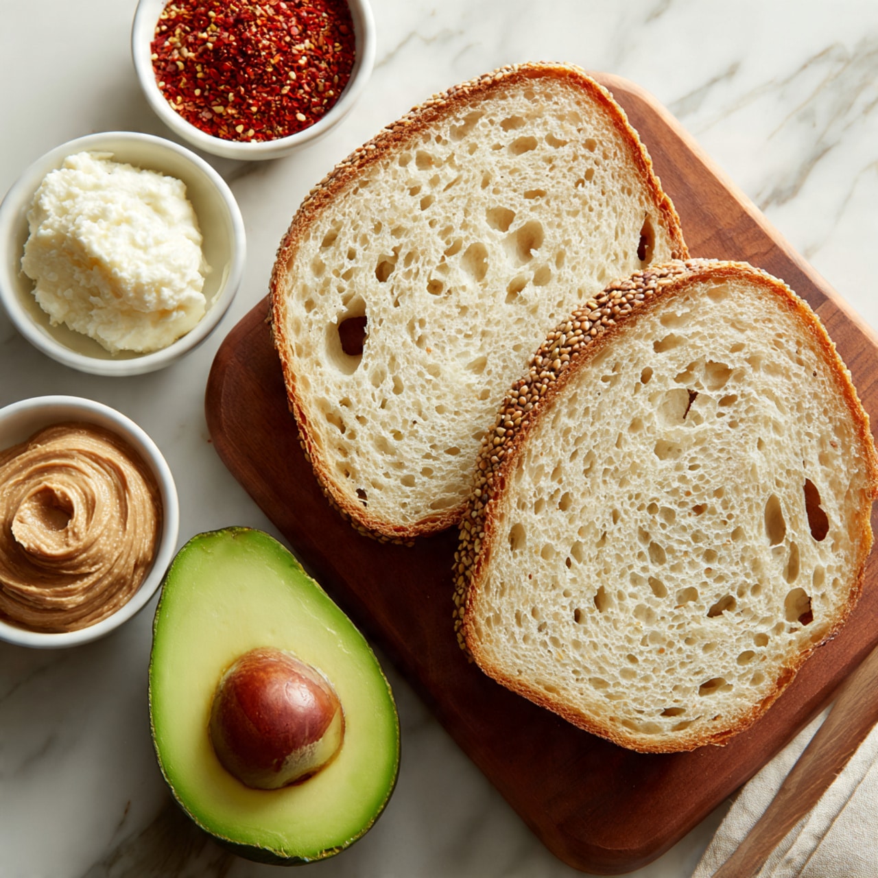 The image shows two slices of seeded bread with a light brown crust and soft, hole-filled texture, placed side by side on a wooden board. Below, a halved avocado with bright green flesh and a large brown seed is visible. On the left side, three small white bowls hold different ingredients: the top bowl contains a small scoop of soft white spread, the middle bowl has bright red crushed spices, and the bottom bowl holds a light brown thick paste. The background is a white marbled surface. Photo taken with an iphone --ar 4:5 --v 7