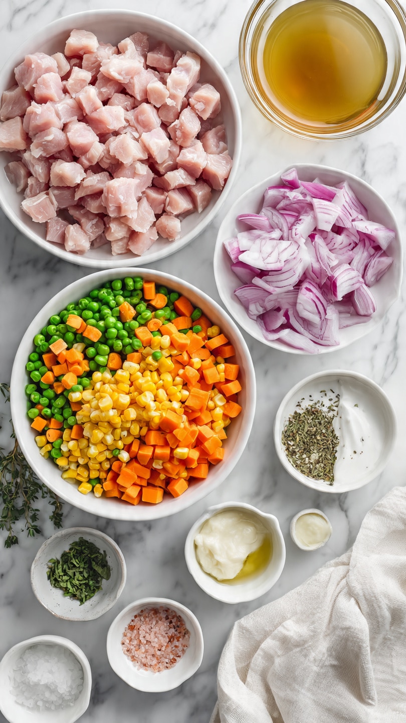 A top-down view of several white bowls arranged on a white marbled surface, each holding different ingredients for cooking. One large white bowl is filled with a colorful mix of diced orange carrots, green peas, and yellow corn. Another large white bowl contains small cubes of raw pink chicken. A medium white bowl holds slices of red onion. There is a clear glass bowl filled with golden-colored broth. Smaller white dishes contain different spices and seasonings, including coarse pink salt, dried green herbs, black pepper, a small amount of golden oil, and a creamy white sauce. A folded white cloth napkin is placed near the bowls. A woman's hand is not visible but implied to be arranging the bowls. photo taken with an iphone --ar 4:5 --v 7