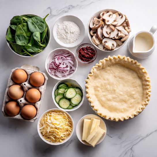 The image shows ingredients arranged neatly on a white marbled surface. There is a round pie crust placed on the top right side. Around it are small white bowls with different ingredients: fresh green spinach leaves, light brown sliced mushrooms, finely chopped pink onions, bright red sun-dried tomatoes, pale yellow shredded cheese, small cucumber slices, and a white bowl with salt and pepper. There is also a carton with six brown eggs and a small white pitcher with cream. At the bottom, a small white bowl holds two pale yellow butter sticks. The colors and textures are fresh and clear, with light coming from above, making the ingredients look bright and inviting. photo taken with an iphone --ar 4:5 --v 7