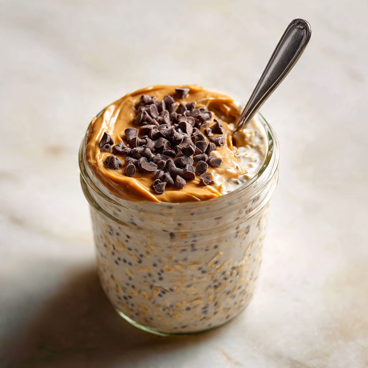A clear glass bowl filled with several layers of oatmeal mixed with chia seeds and a creamy texture. On top, there is a layer of small dark chocolate chips scattered over some swirls of light brown peanut butter. A metal spoon is placed inside the bowl, leaning on the edge. The bowl sits on a white marbled surface with faint veins, alongside parts of two other clear glass bowls filled with similar oatmeal mixtures. Photo taken with an iphone --ar 4:5 --v 7