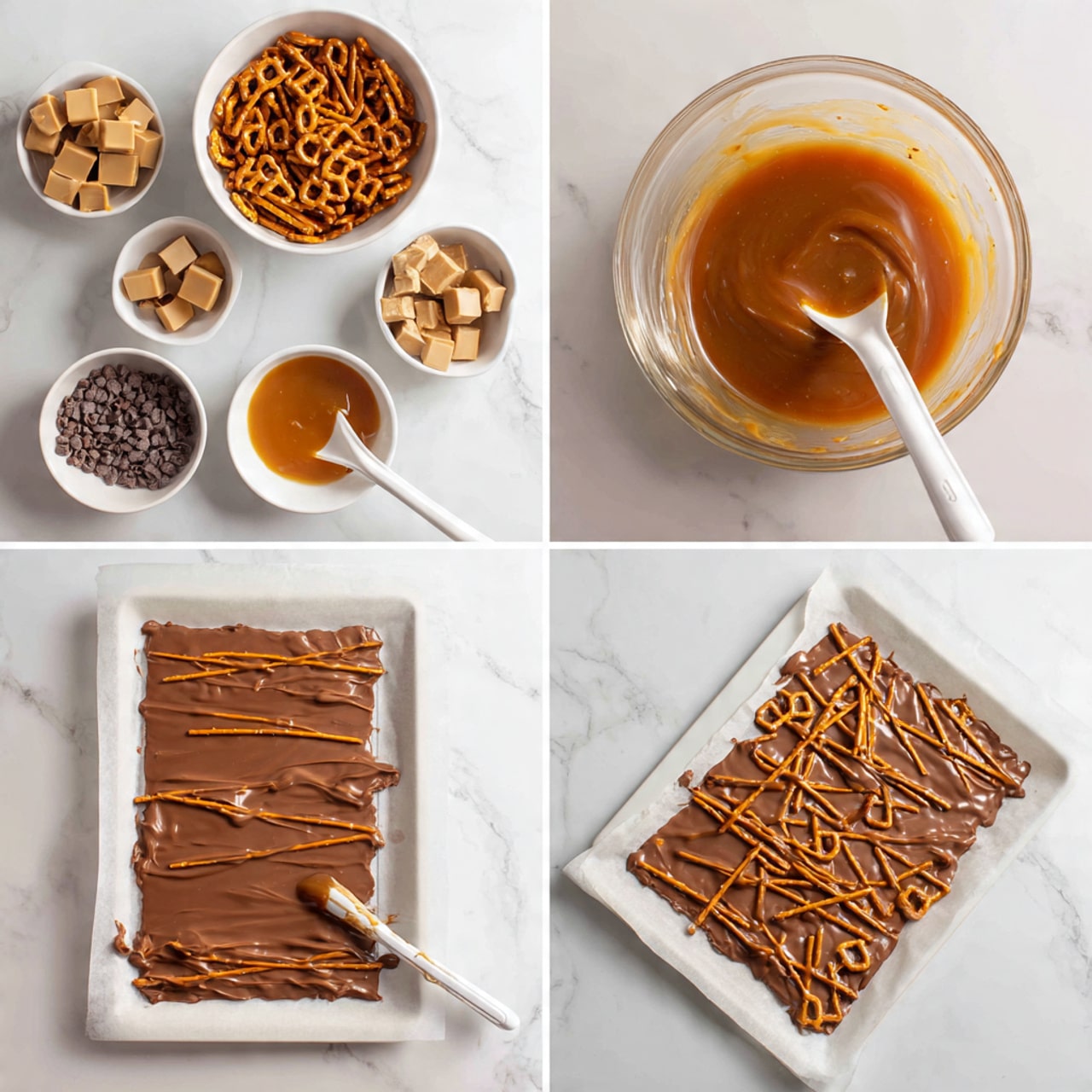 The image shows a step-by-step process of making a sweet pretzel and caramel chocolate bark on a white marbled surface. First, there is a white bowl full of pretzels, surrounded by small white bowls with caramel cubes, chocolate chips, and two liquids. Next, melted chocolate in a white bowl is stirred with a white spoon, with a bowl of caramel cubes nearby. The chocolate is spread evenly in a thick, smooth, rectangular layer on white parchment paper. Thin pretzels are placed closely side by side on the chocolate layer. In a clear glass bowl, smooth caramel is shown with a white spoon. The caramel is spread in thin layers over the pretzels, covering mostly the middle parts. More melted chocolate is spread in streaks over the caramel and pretzels, creating a textured layered look. The final image shows triangular pieces of the chocolate bark with visible pretzels sticking out, arranged on a square white plate. Photo taken with an iphone --ar 4:5 --v 7