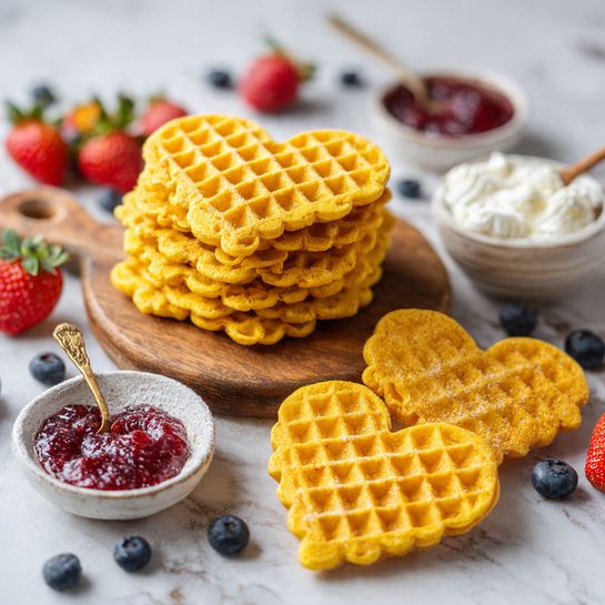 The image shows a stack of heart-shaped waffles with a golden-yellow color and a slightly crispy texture, placed on a round wooden board on a white marbled surface. Around the board are small bowls containing red strawberry jam and white cream, along with fresh strawberries and blueberries scattered on the surface. Two heart-shaped waffles lie in the foreground, one topped with white cream and red strawberry jam. A woman's hand with a spoon dipped in strawberry jam is also present near the bowls. Photo taken with an iphone --ar 4:5 --v 7