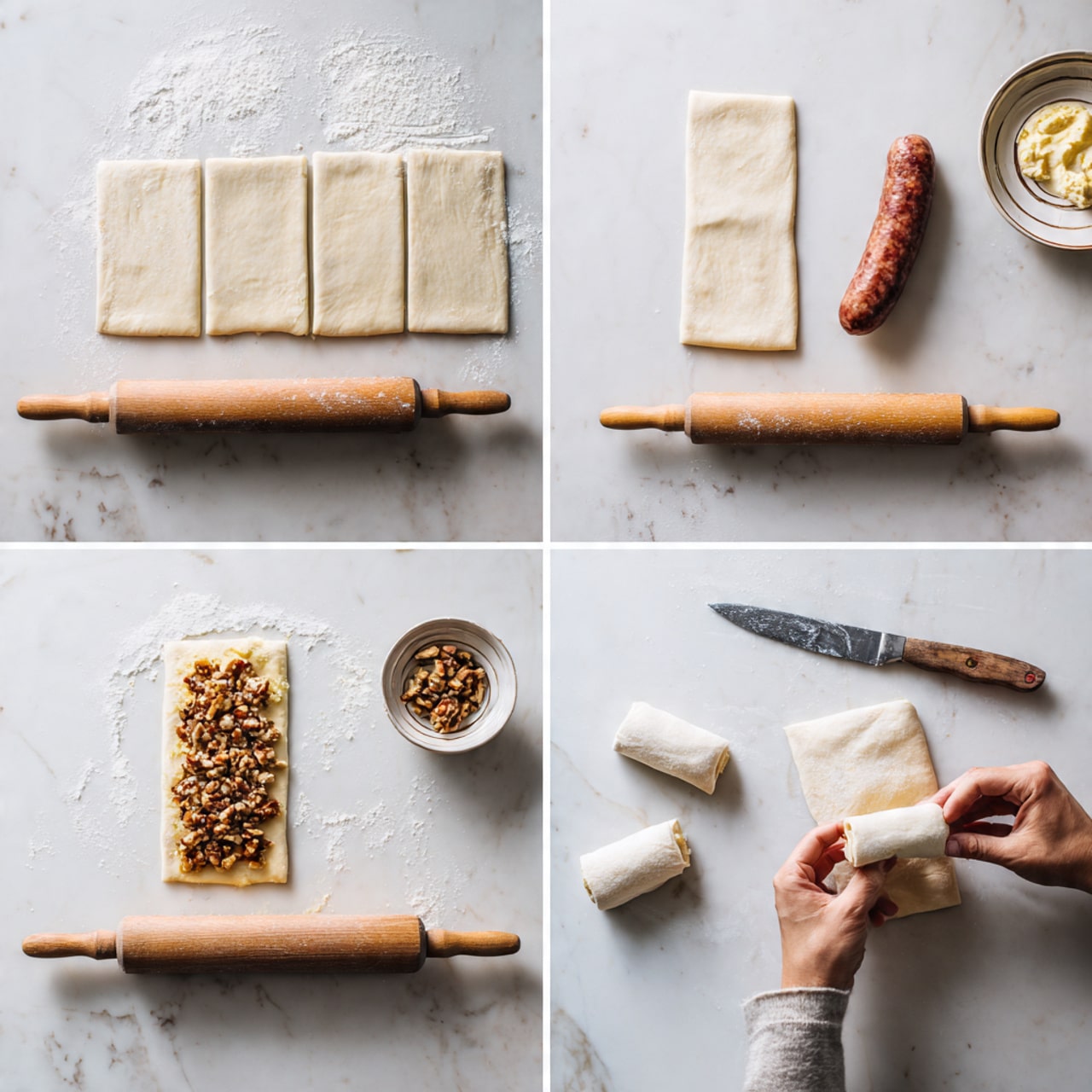 The image shows the process of making sausage rolls on a white marbled surface. The first section displays six rectangular dough pieces arranged in two rows with a rolling pin dusted with flour beside them. The second section has one dough piece with a layer of a mustard-like spread topped with chopped nuts, and a whole sausage placed on it; nearby, a woman's hand holds a rolled sausage roll with a small white bowl filled with the spread and a striped plate holding sausages. The third section shows six small wrapped sausage rolls cut from the larger rolls, scattered across the surface next to a knife with a wooden handle. The dough looks soft and slightly dusted with flour. Photo taken with an iphone --ar 4:5 --v 7