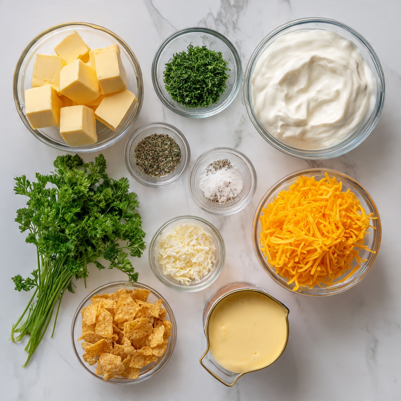The image shows several glass bowls and containers on a white marbled surface holding ingredients. From top left to bottom right, there is a small glass bowl with four cubes of yellow butter, a medium glass bowl filled with thick white cream, a small glass bowl containing green dried herbs, two small bunches of fresh green parsley, another small glass bowl with finely ground black pepper, a small bowl with a white powder, a medium bowl filled with shredded bright orange cheddar cheese, a glass measuring cup holding golden crispy corn flakes, a small bowl holding golden-brown dry crumbs, and an open can of smooth yellow cheese sauce. The layout is neat and the colors range from white, yellow, orange, and green. photo taken with an iphone --ar 4:5 --v 7