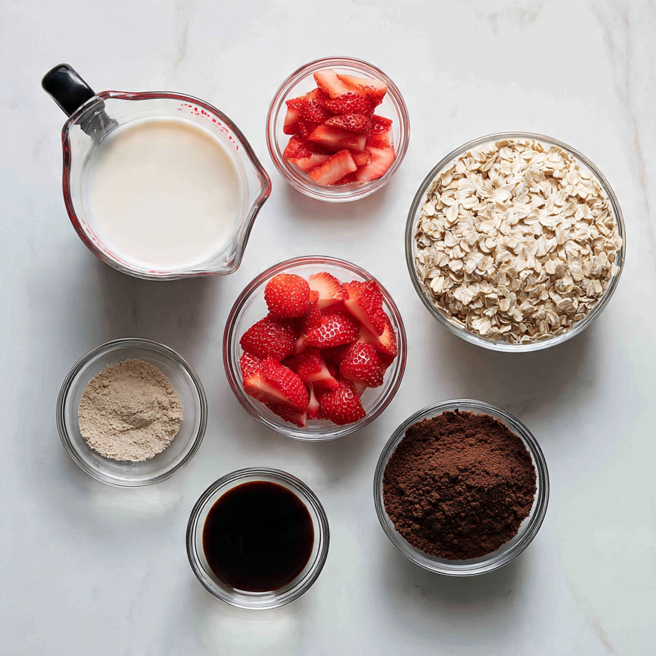 The image shows six glass bowls and one clear measuring cup on a white marbled surface. The clear measuring cup is filled with white milk and has a black handle on the left side. One small glass bowl contains bright red, sliced strawberries, positioned on the right. In the center, a larger glass bowl holds light beige rolled oats with a slightly rough texture. Below the oats, a small bowl has a fine light brown powder, likely a spice or sugar. Next to it, another small bowl is filled with dark brown cocoa powder, fine and smooth. A tiny glass bowl in front holds dark liquid, probably vanilla extract. All containers have a clear, shiny finish with visible reflections. Photo taken with an iphone --ar 4:5 --v 7