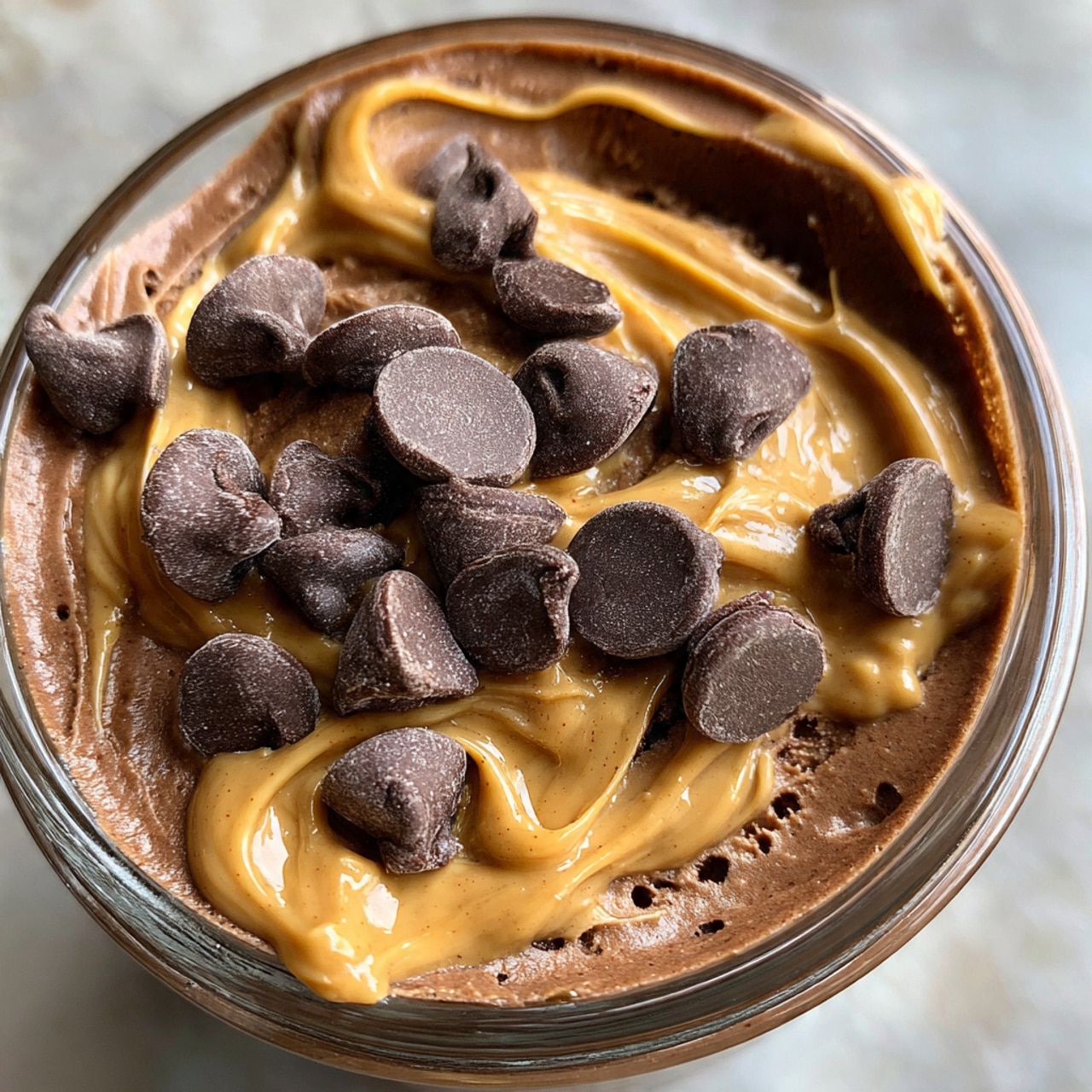 A close-up view of a clear glass bowl filled with smooth, rich chocolate ice cream as the base layer, topped with swirls of golden peanut butter spread unevenly across the surface; scattered on top are multiple dark chocolate chips with a matte texture, resting partially embedded in the ice cream and peanut butter layers. Photo taken with an iphone --ar 4:5 --v 7