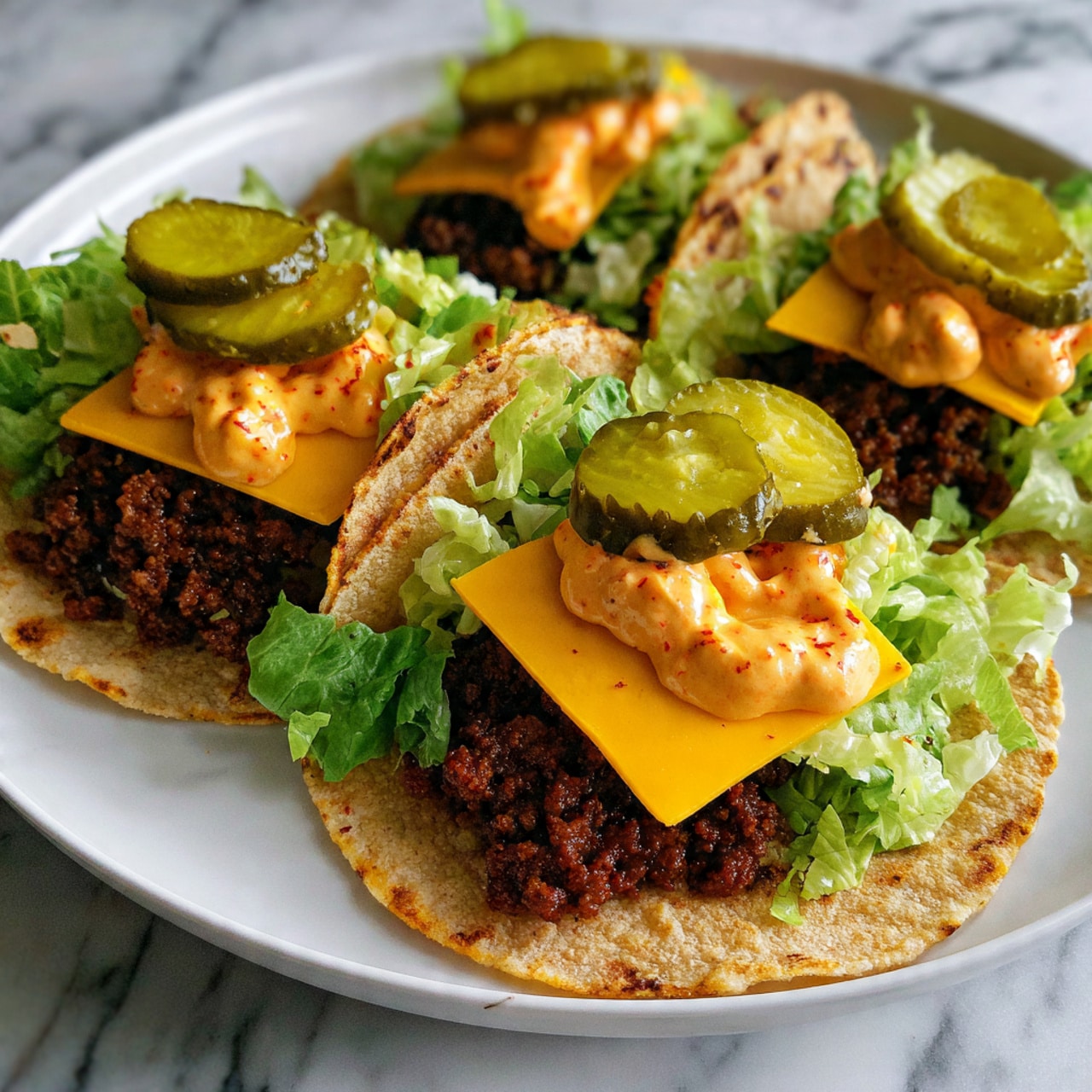 Three small flat sandwiches sit closely together on a white plate over a white marbled surface. Each sandwich has a soft golden-brown flatbread base topped with a dark brown cooked meat patty, a slice of melted yellow cheese partly visible under finely shredded bright green lettuce. On top of the lettuce, there are a few light yellow creamy sauce dollops with a hint of orange seasoning, and two medium-sized green pickle slices with a wavy texture each, placed near the center of the sandwiches. photo taken with an iphone --ar 4:5 --v 7
