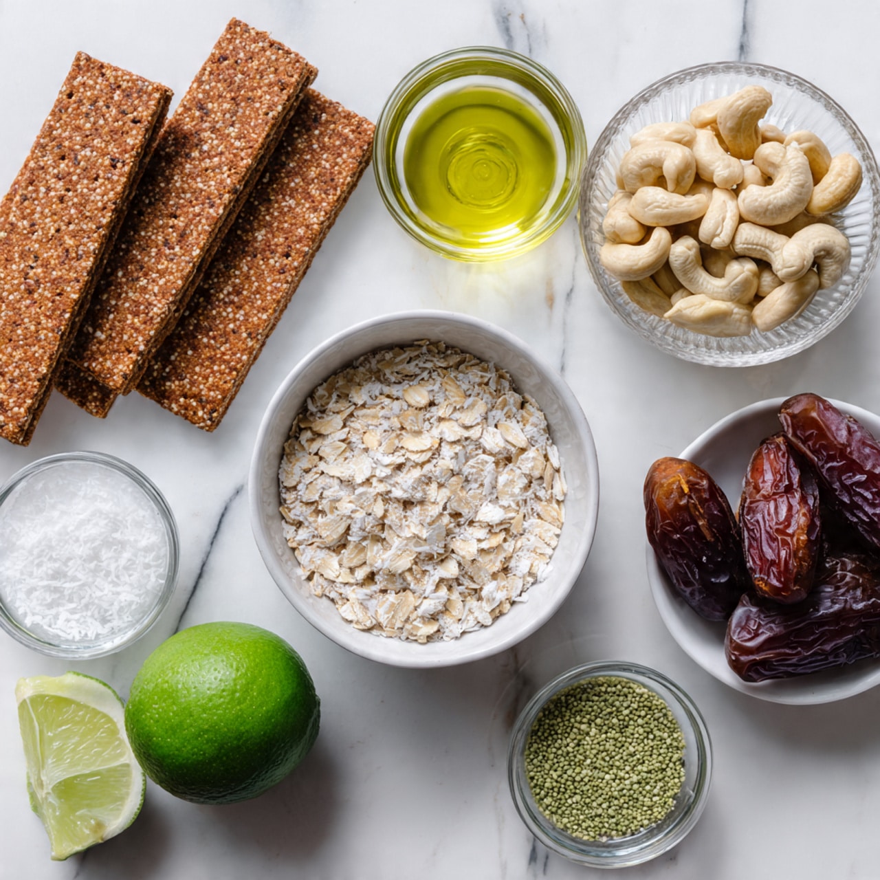 The image shows a top-down view of several ingredients placed on a white marbled surface. There are four long rectangular brown graham crackers leaning on the edge of a white bowl filled with white shredded coconut. Next to it is a white bowl filled with light beige rolled oats. A whole green lime and two lime halves are placed near a dark bowl filled with dark reddish-brown dates. A transparent ribbed bowl holds pale yellow cashews, and a small clear glass contains a light yellow liquid. Two small clear bowls hold white salt and light green hemp seeds, respectively. photo taken with an iphone --ar 4:5 --v 7