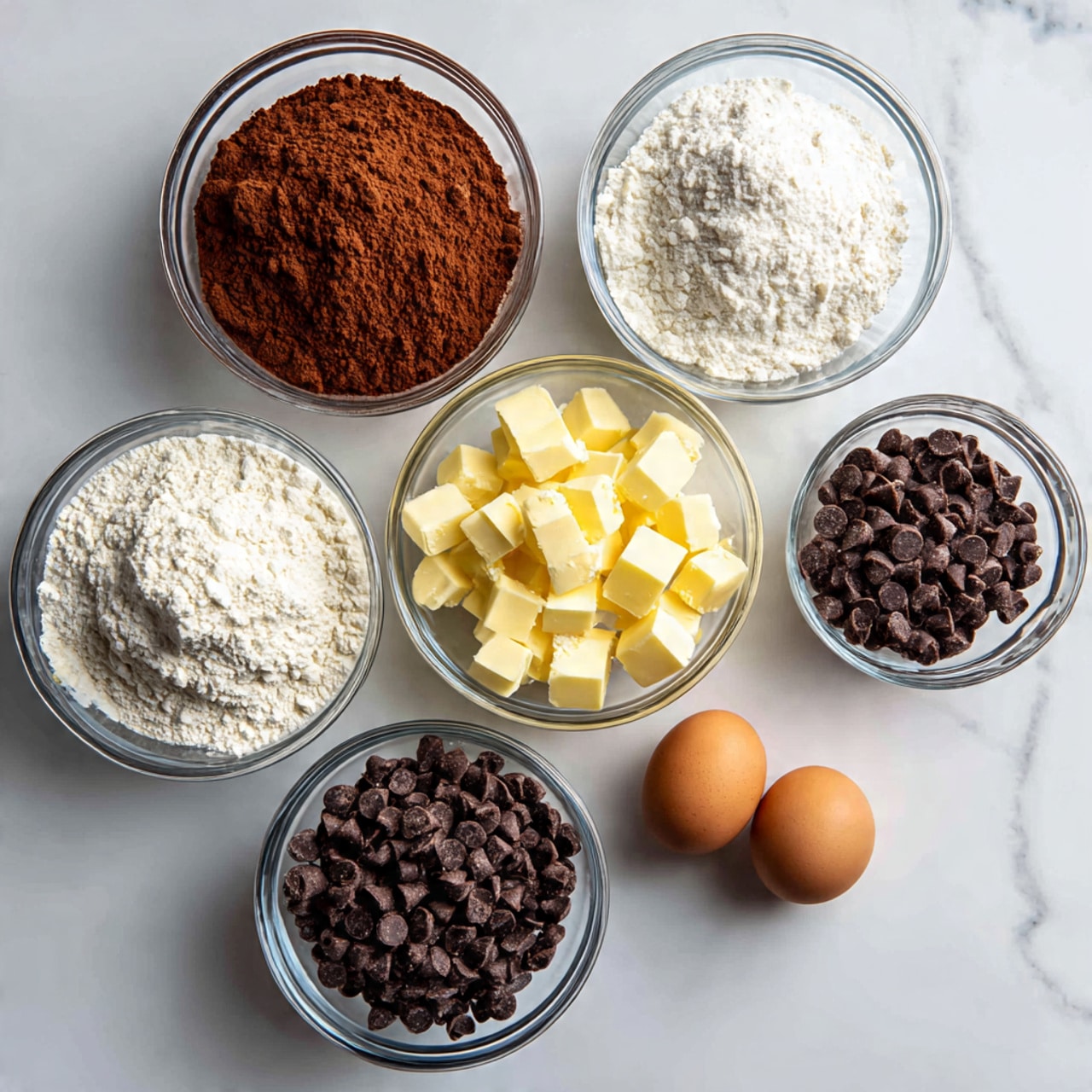 The image shows five clear glass bowls arranged in a neat, circular pattern on a white marbled surface. Each bowl holds a different baking ingredient: one has rich brown cocoa powder, another has white granulated sugar, a third holds white flour, while the fourth contains creamy yellow butter cubes, and the fifth is filled with small dark chocolate chips. Three brown eggs sit next to the bowls, adding to the ingredients' display. The overall look is clean and organized, with each ingredient clearly visible and distinct. Photo taken with an iphone --ar 4:5 --v 7