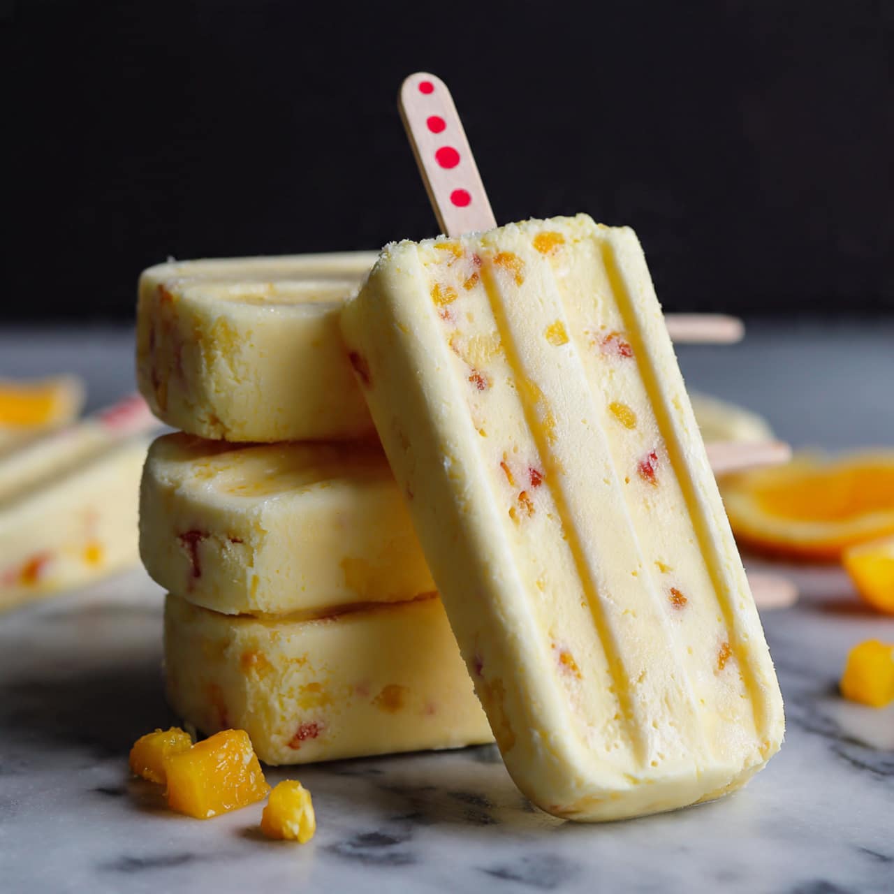 The image shows a stack of three rectangular popsicles with a pale yellow color and small orange specks inside. Each popsicle has a white stick with red dots poking out from the top. Around the popsicles, there are small triangular pieces of orange fruit scattered on a dark surface. The popsicles have a smooth texture and are stacked neatly with one leaning on the others. Photo taken with an iphone --ar 4:5 --v 7