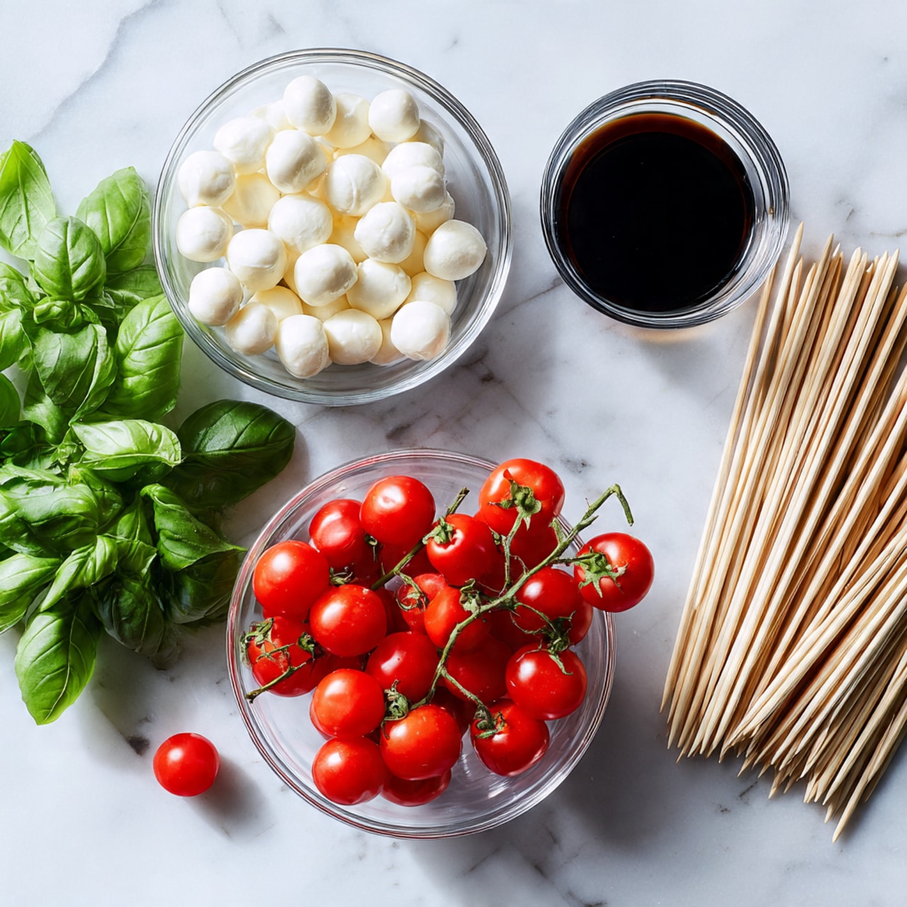 The image shows ingredients arranged neatly on a white marbled surface: a glass bowl filled with small white mozzarella balls, another glass bowl holding bright red cherry tomatoes still on the vine, a bunch of fresh green basil leaves placed loosely nearby, a glass containing dark balsamic vinegar, and a pile of uncooked thin wooden skewers lying next to the bowls. The colors contrast well with each other and the setting is simple and clean. photo taken with an iphone --ar 4:5 --v 7