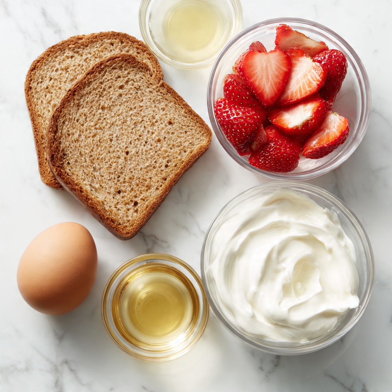 The image shows two slices of light brown bread placed slightly overlapping on a white marbled surface, next to a small clear glass bowl of bright red sliced strawberries with visible seeds, a small clear glass bowl of pale yellow liquid, a single brown egg, and a larger clear glass bowl filled with thick, white creamy yogurt. All items are neatly laid out separately with no overlapping. Photo taken with an iphone --ar 4:5 --v 7