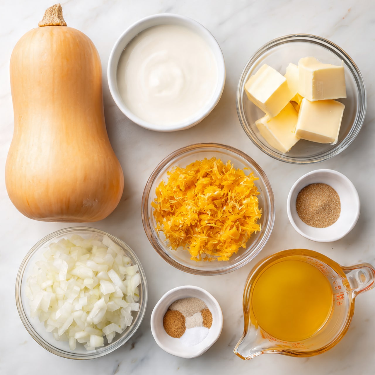 The image shows a collection of ingredients on a white marbled surface. On the far left, there is one whole, light orange butternut squash. To its right, there is a small white bowl filled with smooth white cream. Next, a medium clear glass bowl holds finely chopped white onions. Above this bowl, another clear glass bowl contains three stacked squares of pale yellow butter. To the right of the butter, a small clear bowl holds bright yellow grated ginger. Below that, a tiny white bowl has a light brown powdered spice. To the right of the spice, a small white dish contains coarse white salt. Finally, on the far right, a clear glass measuring cup is filled with golden yellow liquid, likely broth. Everything is arranged neatly and evenly spaced. Photo taken with an iphone --ar 4:5 --v 7