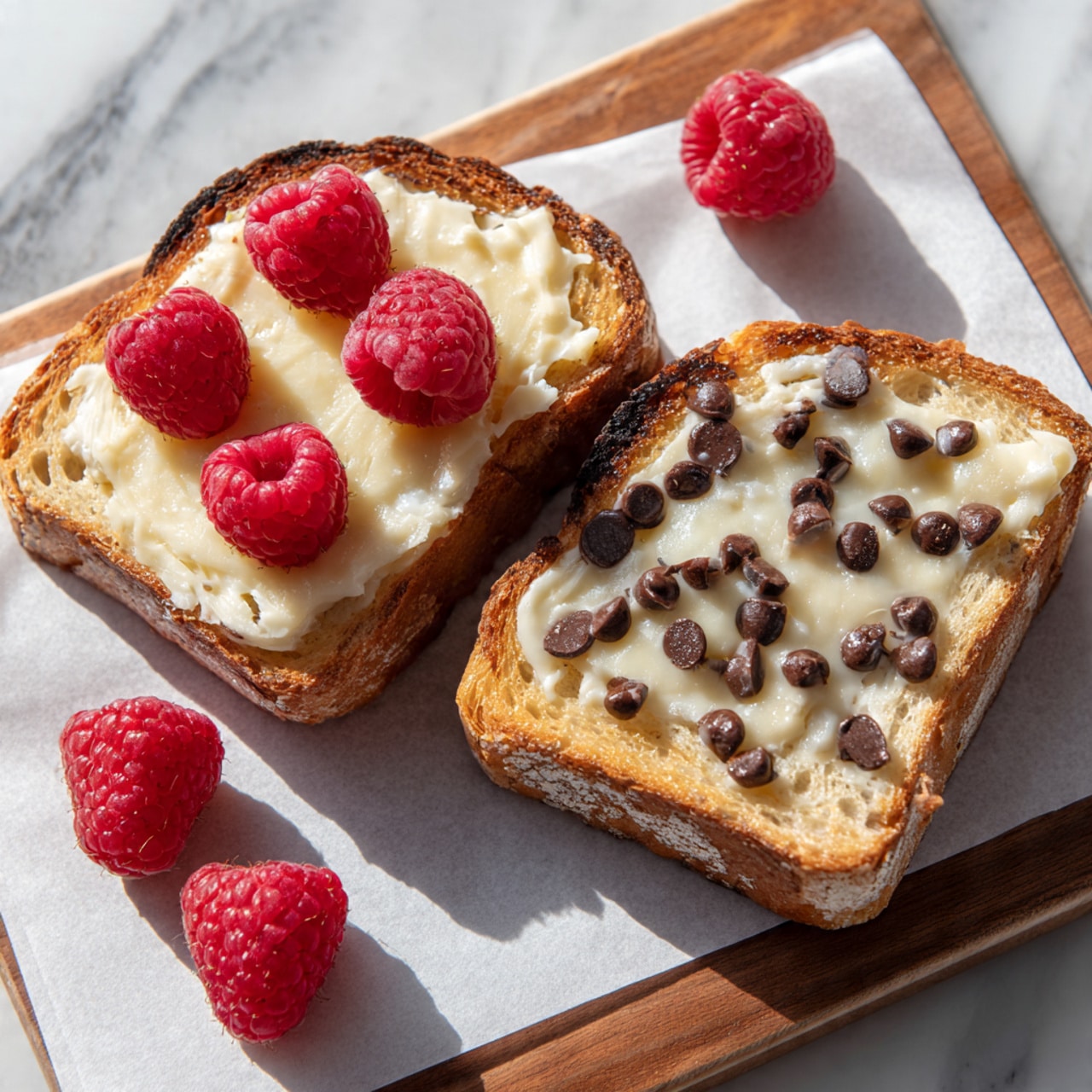 Two slices of toasted bread each cut in half are placed on white parchment paper on a wooden board with a white marbled surface. The first toast slice is topped with a light yellow creamy layer and three bright red raspberries evenly spaced on top, showing a soft but toasted brown crust. The second toast slice has the same creamy yellow layer with small round dark chocolate chips spread evenly across its surface. Two extra raspberries lie next to the toasts on the parchment paper. The lighting highlights the toasted texture and the smooth cream with fresh berries and melted chocolate. Photo taken with an iphone --ar 4:5 --v 7