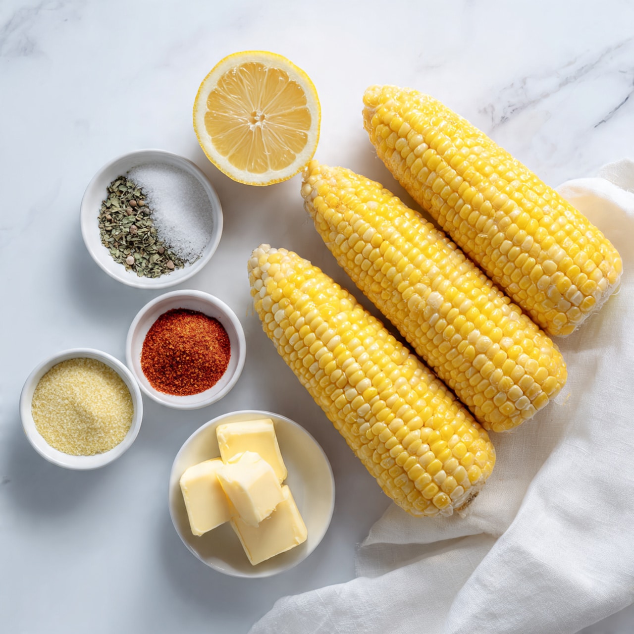 The image shows three whole bright yellow corn on the cobs placed side by side on a white marbled surface with a soft white cloth on the lower right corner. Above the corn, there is a lemon sliced in half showing its juicy, vibrant yellow inside. To the left of the corn and lemon, six small white bowls hold different ingredients: the top bowl contains a mix of black pepper and salt, the second bowl has a green dried herb, the third bowl holds light yellow granulated garlic powder, the fourth bowl shows a bright red chili powder, and the fifth bowl contains three small blocks of pale yellow butter. The clean, bright setting highlights the fresh and simple ingredients ready for preparation. photo taken with an iphone --ar 4:5 --v 7