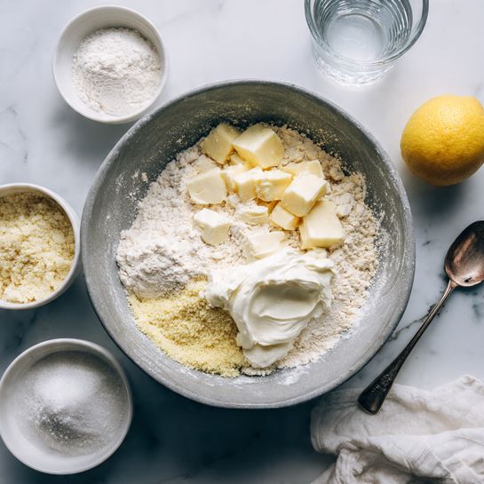 A top-down view of a gray mixing bowl on a white marbled surface containing three layers of dry and wet ingredients: the bottom layer is pale yellow, grainy cornmeal; on top, chunks of light yellow butter; and a dollop of thick, white sour cream. Surrounding the bowl are small white bowls with flour, sugar, a halved yellow lemon, and other baking ingredients, along with a clear water glass and a silver-colored spoon nearby. A white cloth partially visible at the bottom right corner. Photo taken with an iphone --ar 4:5 --v 7