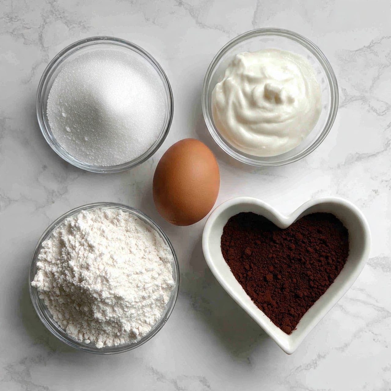 The image shows five baking ingredients placed on a white marbled surface. There are four small clear glass bowls: one filled with white granulated sugar positioned on the left; one with smooth white yogurt at the top center; one containing white flour at the bottom left; and a heart-shaped white bowl filled with dark brown cocoa powder in the center. To the right side of these bowls, a single brown egg rests directly on the surface. photo taken with an iphone --ar 4:5 --v 7