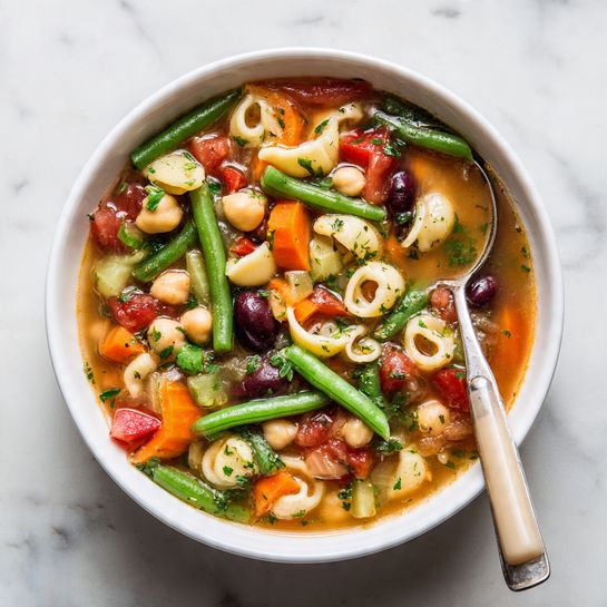 A white bowl filled with colorful vegetable soup sits on a white marbled surface. The soup has many layers: vibrant green beans, chopped red tomatoes, sliced carrots, black olives, small pasta shells, and chickpeas, all mixed in a clear, slightly reddish broth. A silver spoon with a beige handle rests inside the bowl on the right side, partially dipped into the soup. The textures vary from soft and smooth pasta to firm veggies, with some herbs sprinkled on top. The scene is bright and fresh, showing a healthy, warm meal. photo taken with an iphone --ar 4:5 --v 7
