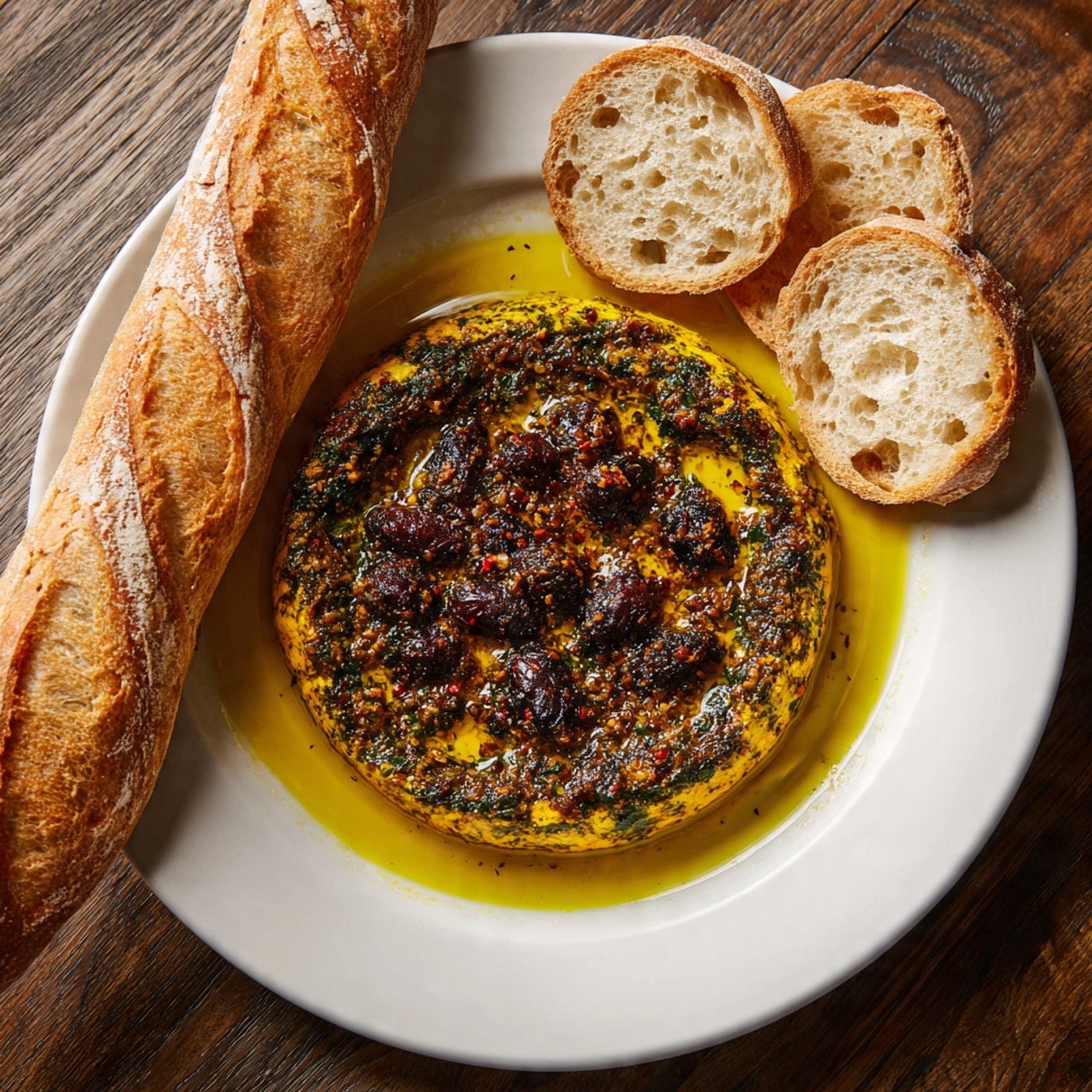 A white shallow bowl sits on a white marbled surface filled with a layer of golden olive oil topped with a mix of dark green and black dried herbs and spices scattered unevenly across the top. To the left of the bowl, two long golden baguettes rest on the surface showing their crispy crust. Above the bowl, three slices of the same baguette show their soft, light tan interior with holes. The colors contrast well with the dark bread and bright olive oil. photo taken with an iphone --ar 4:5 --v 7