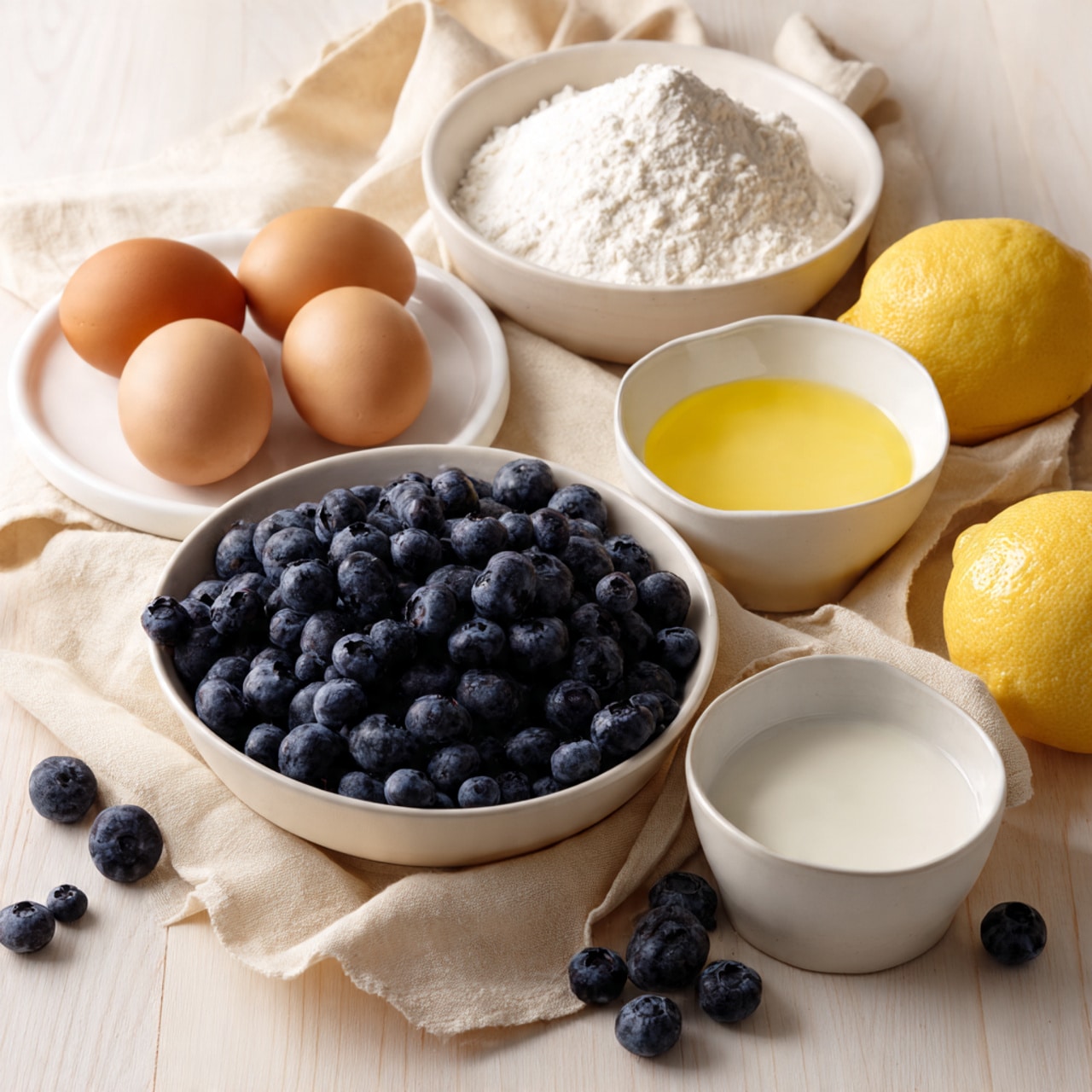 The image shows a white bowl full of fresh blueberries placed on a pale wooden surface with a beige cloth underneath. Surrounding the bowl are various ingredients in white bowls and plates: two brown eggs and one white egg on a white plate to the left, a white bowl filled with yellow liquid (likely melted butter) in the center, two yellow lemons on the right, white flour in a white bowl at the bottom left, and white milk in a white bowl at the bottom right. The colors are soft and natural, with blue, yellow, white, and beige tones. photo taken with an iphone --ar 4:5 --v 7