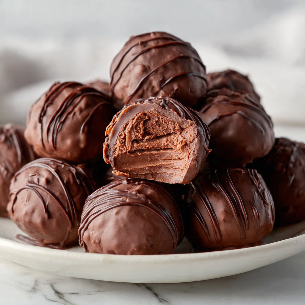 A white plate holds a pile of smooth, round chocolate truffles with dark glossy coating. Some truffles have thin chocolate drizzle lines on top, adding texture. One truffle near the center is bitten open, revealing layers of light brown, creamy filling inside. The background features a white marbled surface. photo taken with an iphone --ar 4:5 --v 7