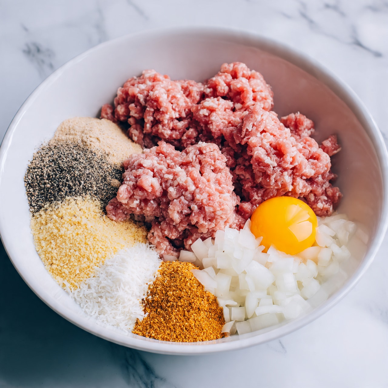 A white bowl on a white marbled surface holds several layers of raw ingredients arranged separately without mixing. The largest layer is made of pink ground meat that fills most of the bowl in several clumps. On the right side near the meat, there is one bright yellow raw egg yolk. In the bottom right section, small pieces of white onion form a neat pile. Above the onion, there are three spices: one is light brown, one is dark peppery gray, and the other is an orange powder. Below the spices, there is a layer of golden breadcrumbs. At the bottom left side, there is a small mound of finely grated white cheese. The layers are all distinct and cover the whole bowl surface evenly. Photo taken with an iphone --ar 4:5 --v 7