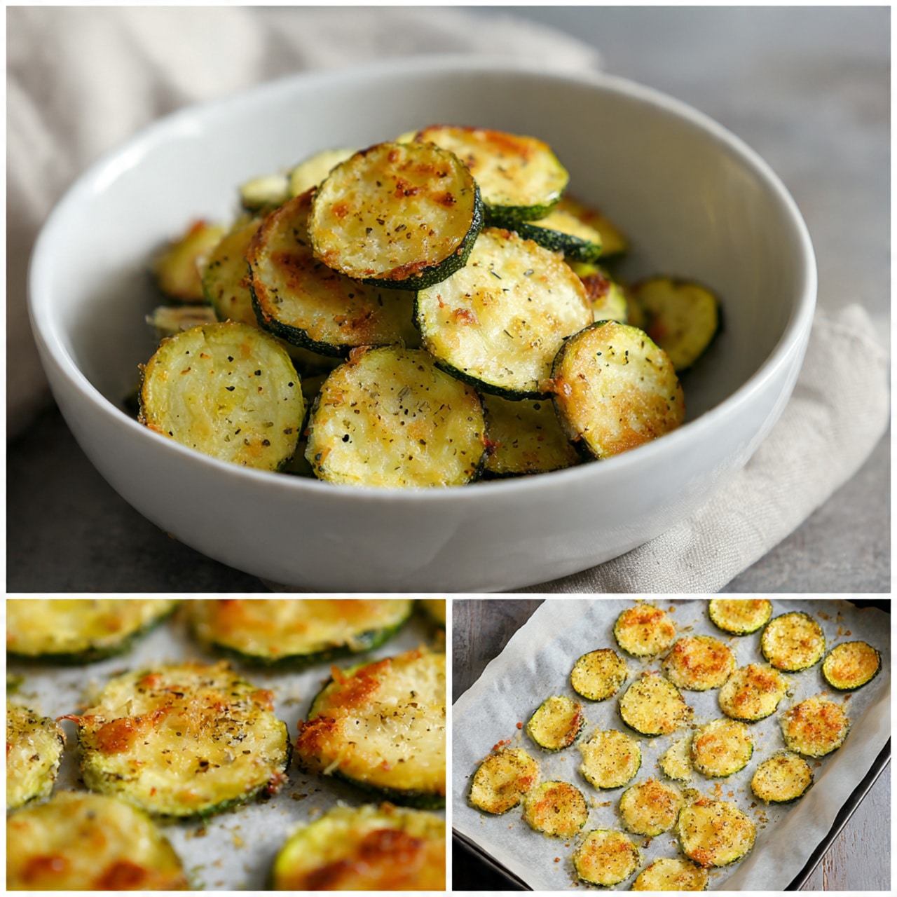 The dish shows four stages of cooked zucchini rounds. In the first, green zucchini slices with a light sprinkle of seasoning sit on a baking sheet with a parchment paper base, seen from above on a white marbled surface. The second image presents cooked zucchini rounds stacked in a white bowl, showing a golden brown and slightly crispy texture with seasoning visible on the surface. The third image displays a baking tray filled with zucchini rounds arranged in neat rows on parchment paper, with a light golden crust forming. The last image shows close-up golden-browned zucchini rounds, crisped evenly on edges, spread on a parchment-lined baking sheet. The scene is bright and clear with natural light. Photo taken with an iphone --ar 4:5 --v 7