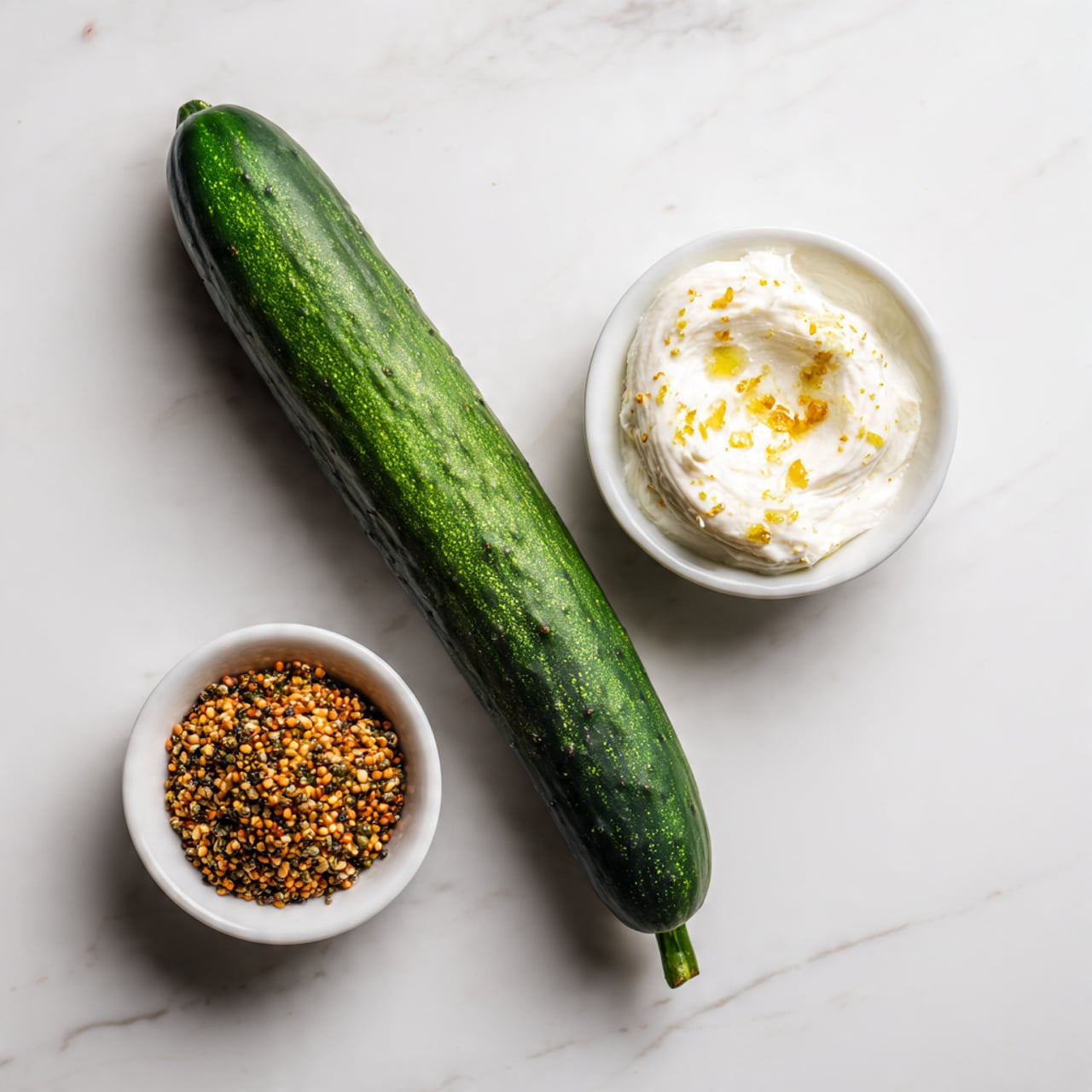 A single long dark green cucumber with a bumpy texture lies diagonally on a white marbled surface. Below it, there is a small white bowl filled with mixed seeds that are orange, black, and white in color, showing a crunchy texture. To the right, another small white bowl holds a creamy white spread with a few small golden oil spots on top, giving a smooth and soft appearance. photo taken with an iphone --ar 4:5 --v 7