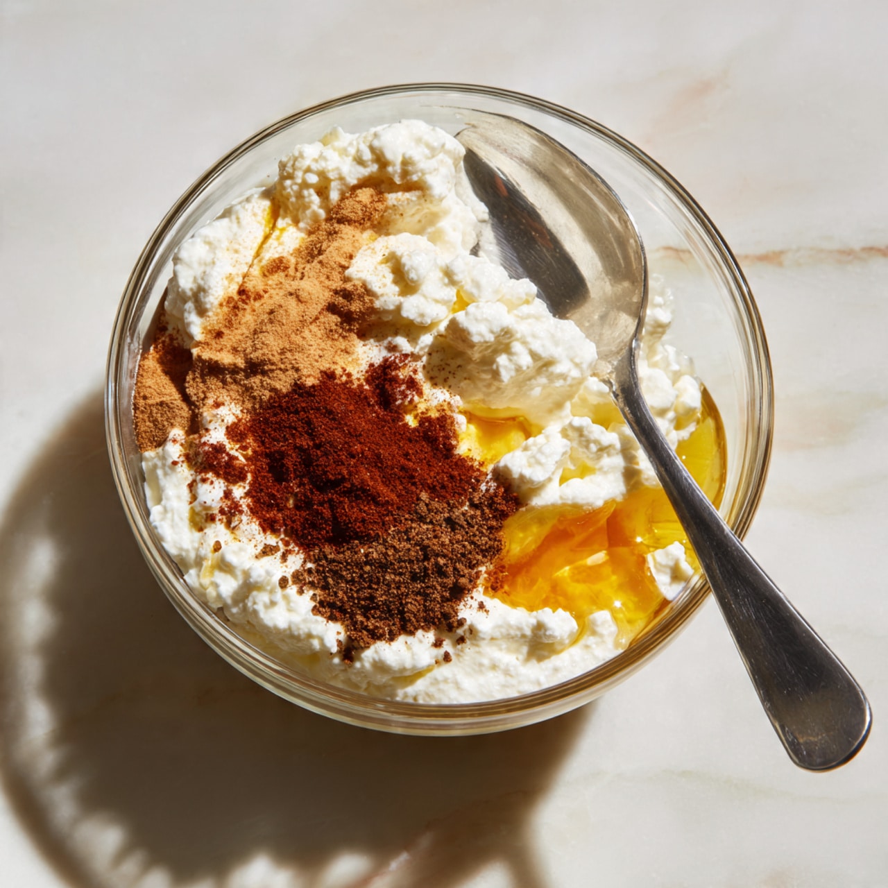 A clear glass bowl contains three main layers of ingredients: a large white bumpy layer of cottage cheese at the base, topped with small heaps of brown and reddish powder spices on one side, and a small puddle of golden honey on the other side. A shiny silver spoon rests on the edge of the bowl, with some white cottage cheese stuck to its surface. The bowl sits on a white marbled texture surface with soft lighting. photo taken with an iphone --ar 4:5 --v 7