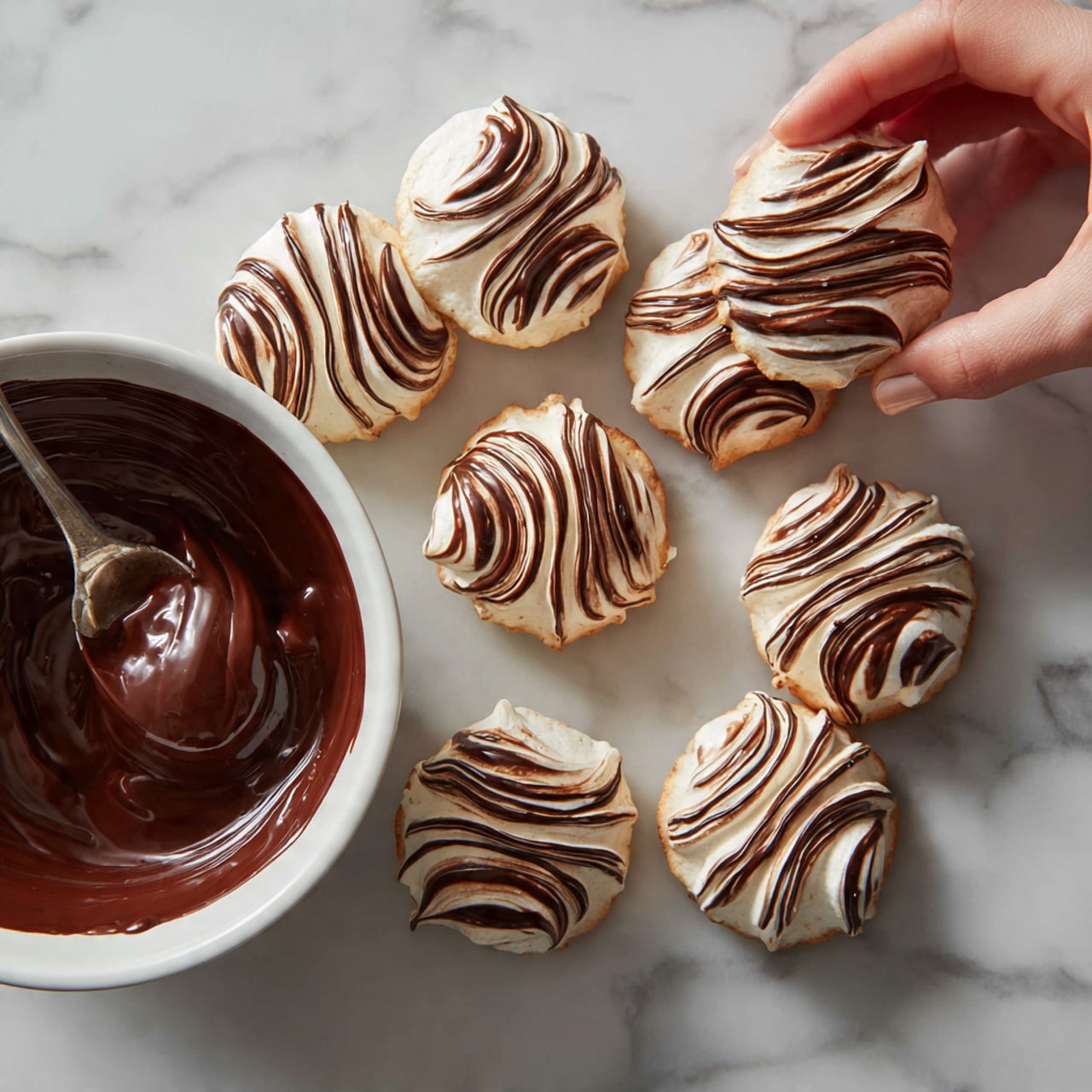 The image shows several small meringue cookies with swirled patterns of white and dark chocolate colors on a white marbled surface. Each cookie has a light, airy texture with the chocolate creating uneven, wavy lines over the white base. There is one white bowl filled with glossy melted chocolate, and a spoon is resting inside, coated with the chocolate. A woman's hand is gently holding one meringue cookie near the bowl. The overall setting uses a white marbled surface, making the cookies and chocolate stand out with their rich contrasts. photo taken with an iphone --ar 4:5 --v 7