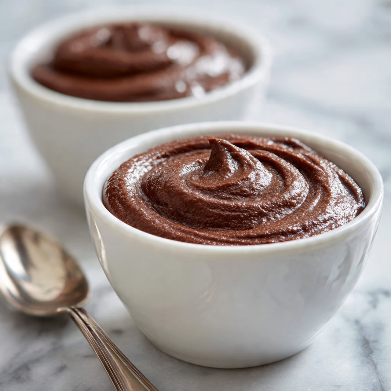 The image shows a white bowl filled with smooth, thick chocolate pudding that has a shiny, creamy texture with light swirls on the surface. Behind it, there is a white bowl filled with more chocolate pudding, slightly blurred. Both bowls sit on a white marbled surface, and a spoon lies nearby out of focus. photo taken with an iphone --ar 4:5 --v 7