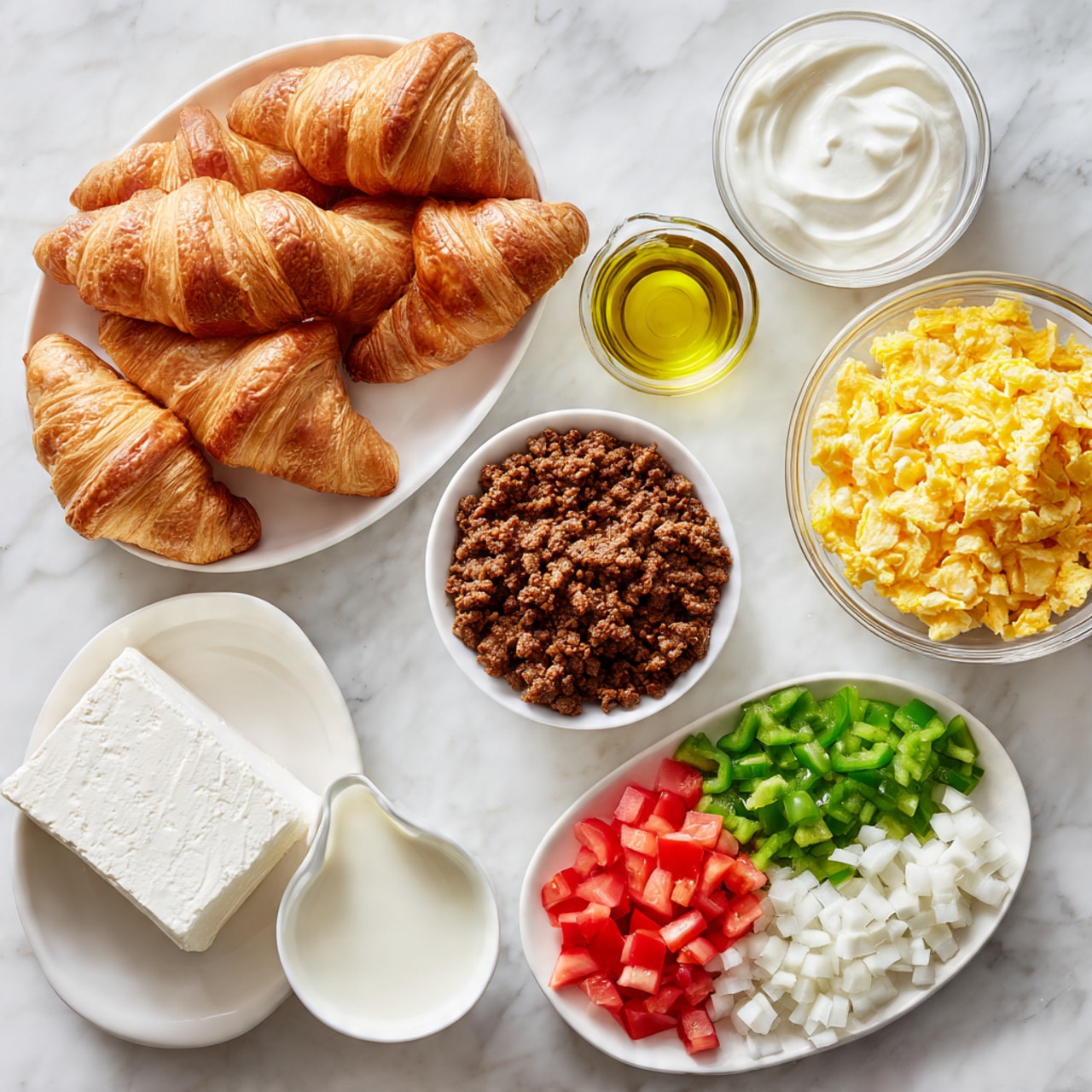 The image shows a white marbled surface with several groups of ingredients spread out. There is a white plate filled with five golden brown croissants in the lower left corner. Nearby, a white bowl holds ground cooked meat with a dark brown color. A small clear glass contains olive oil, and a larger clear bowl with yellow scrambled eggs is next to it. Another white plate has finely chopped red tomatoes, green bell peppers, and white onions layered closely together. A small glass of milk and a boxed block of white cream cheese sit close by, completing the arrangement. Photo taken with an iphone --ar 4:5 --v 7