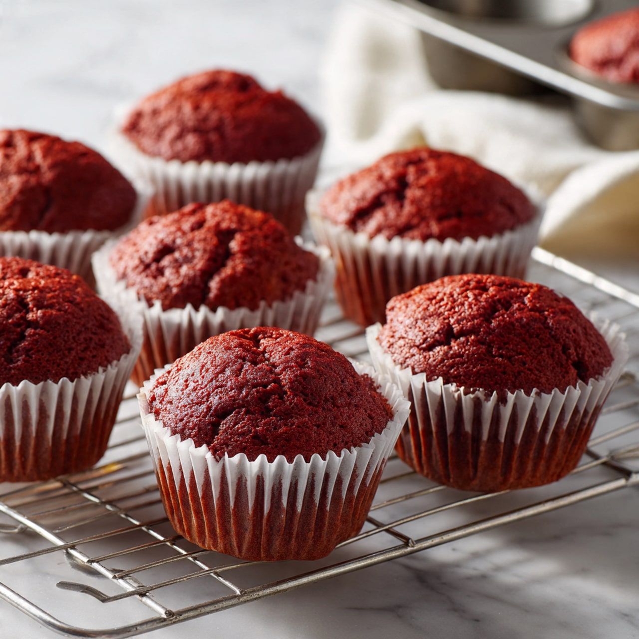 The image shows eight red muffins with a slightly rough, fluffy texture on top, each inside white paper liners with slight ridges. They are placed on a metal cooling rack with parallel wires, set on a white marbled surface. In the background, to the right, there is a silver muffin tray resting on a white cloth, mostly out of focus. The lighting is bright and natural, highlighting the deep red color and small cracks on the muffin tops. photo taken with an iphone --ar 4:5 --v 7